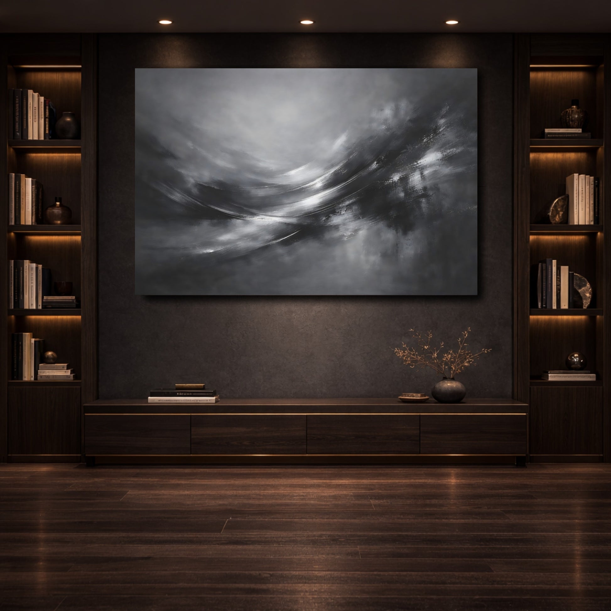 Mockup 3. Abstract Abstract Motion Monochrome Abstract shown as stretched canvas wall art
