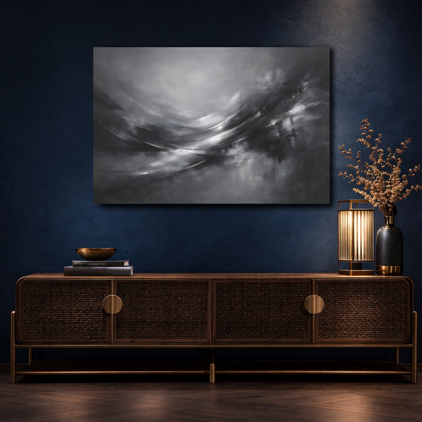 Mockup 4. Abstract Abstract Motion Monochrome Abstract shown as stretched canvas wall art