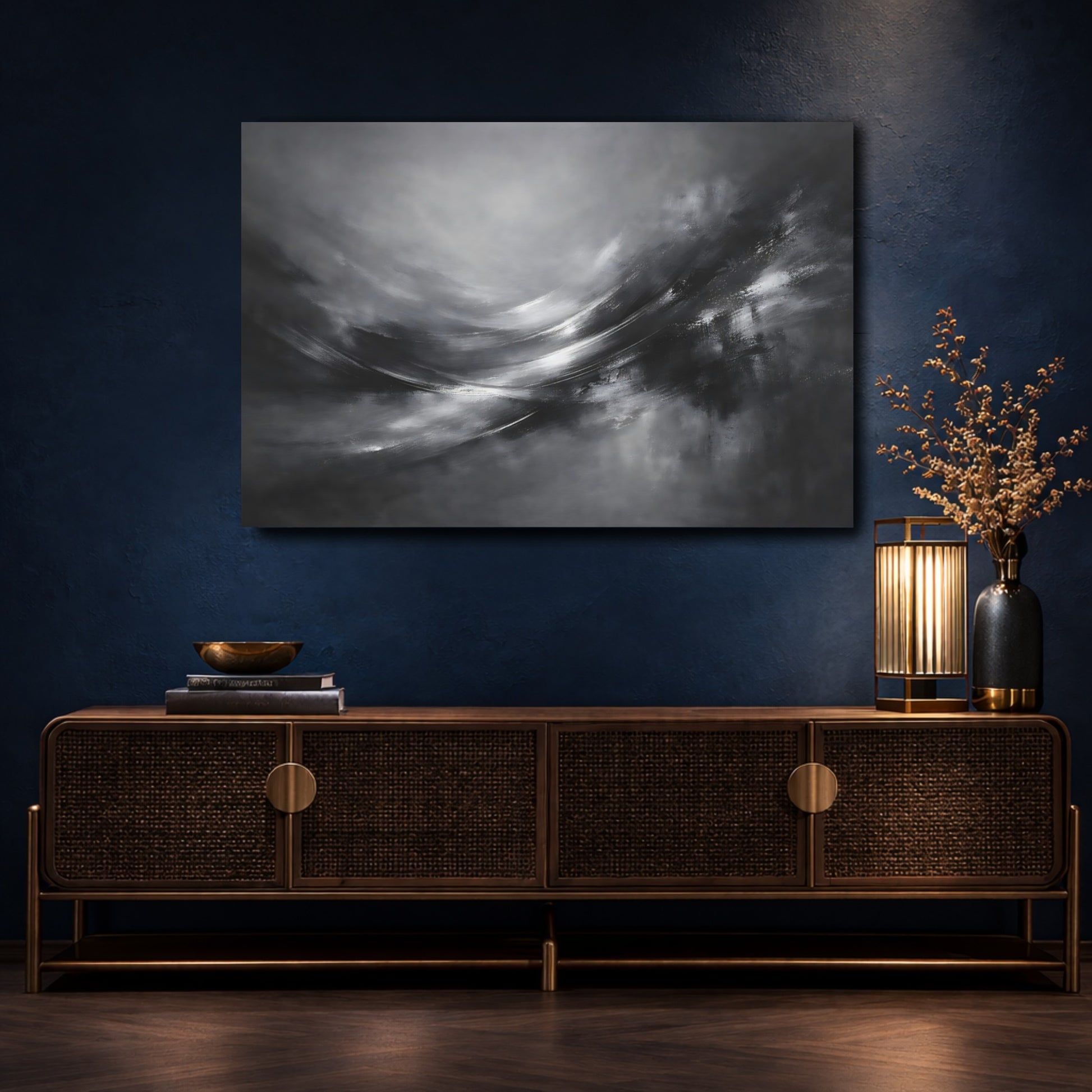 Mockup 4. Abstract Abstract Motion Monochrome Abstract shown as stretched canvas wall art