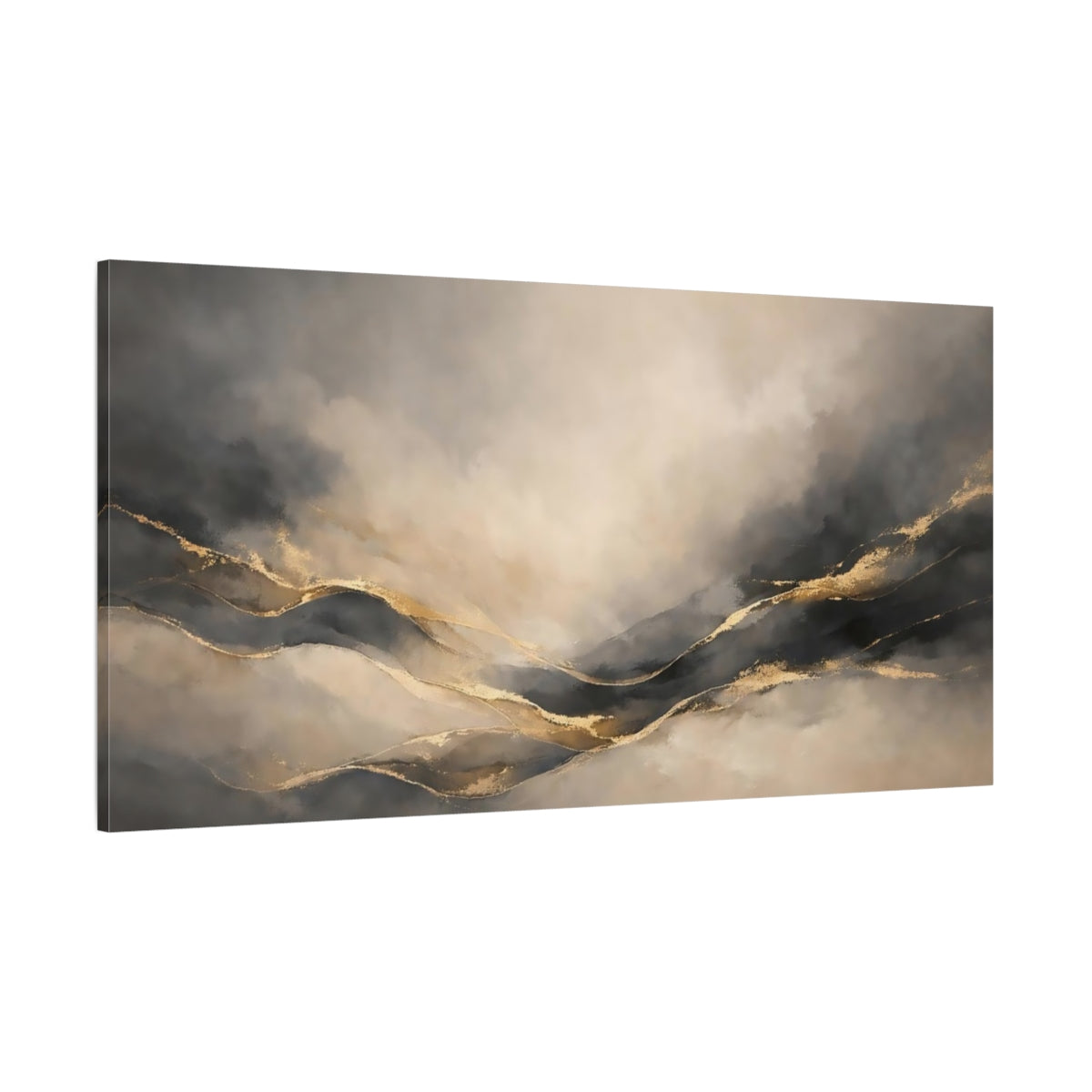 Main Mockup. Abstract Abstract Mountains Gray And Gold shown as stretched canvas wall art