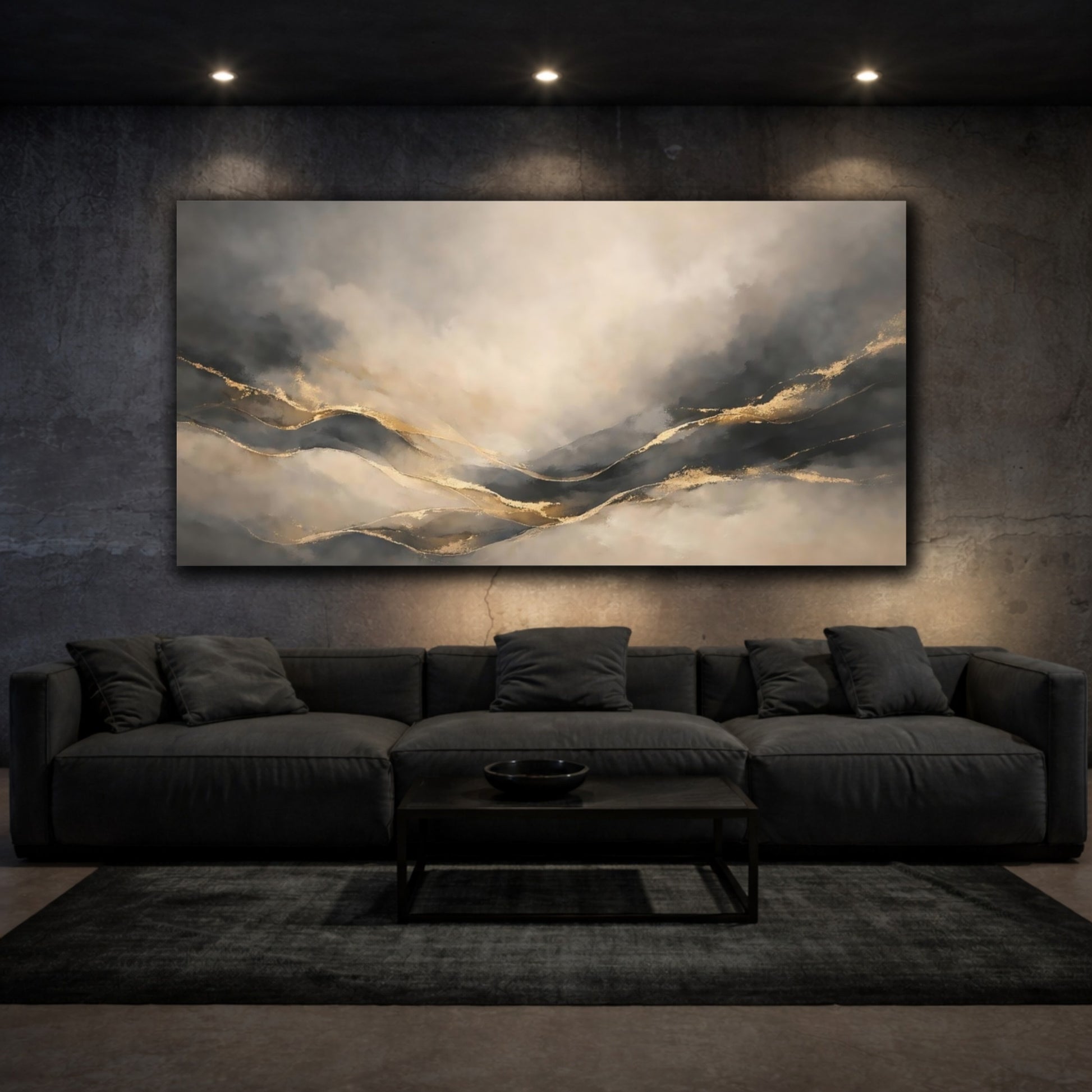 Mockup 2. Abstract Abstract Mountains Gray And Gold shown as stretched canvas wall art