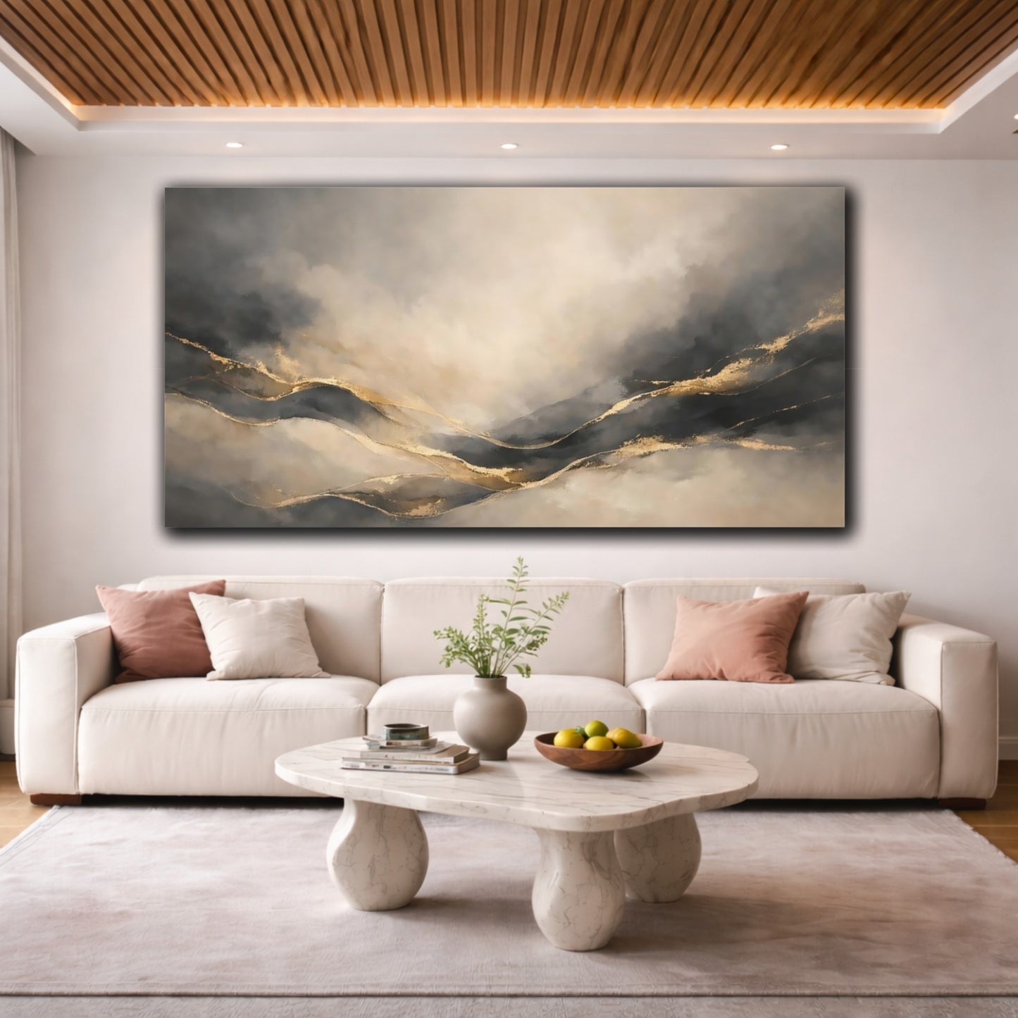 Mockup 3. Abstract Abstract Mountains Gray And Gold shown as stretched canvas wall art