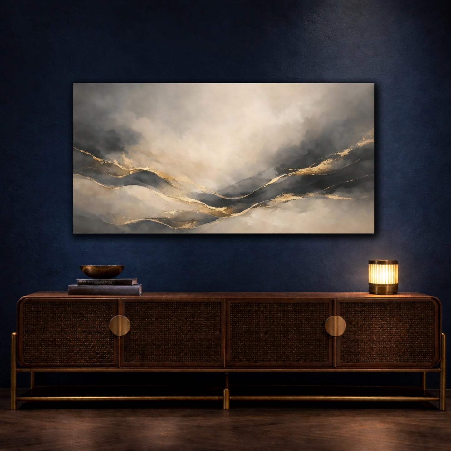 Mockup 4. Abstract Abstract Mountains Gray And Gold shown as stretched canvas wall art