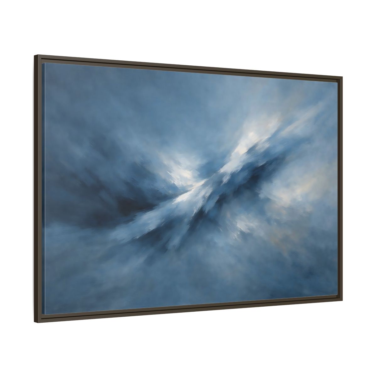 Main Mockup. Abstract Abstract Movement Blue And White shown as stretched canvas wall art