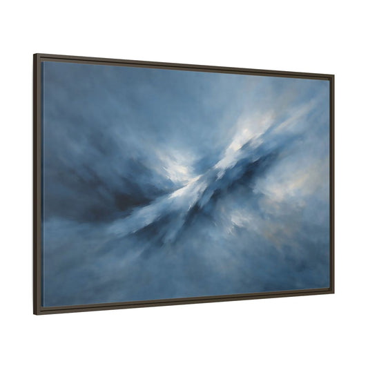 Main Mockup. Abstract Abstract Movement Blue And White shown as stretched canvas wall art