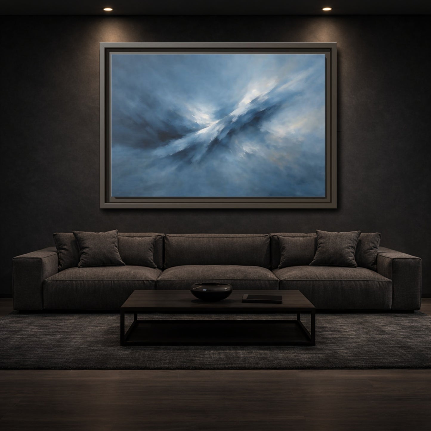 Mockup 2. Abstract Abstract Movement Blue And White shown as stretched canvas wall art
