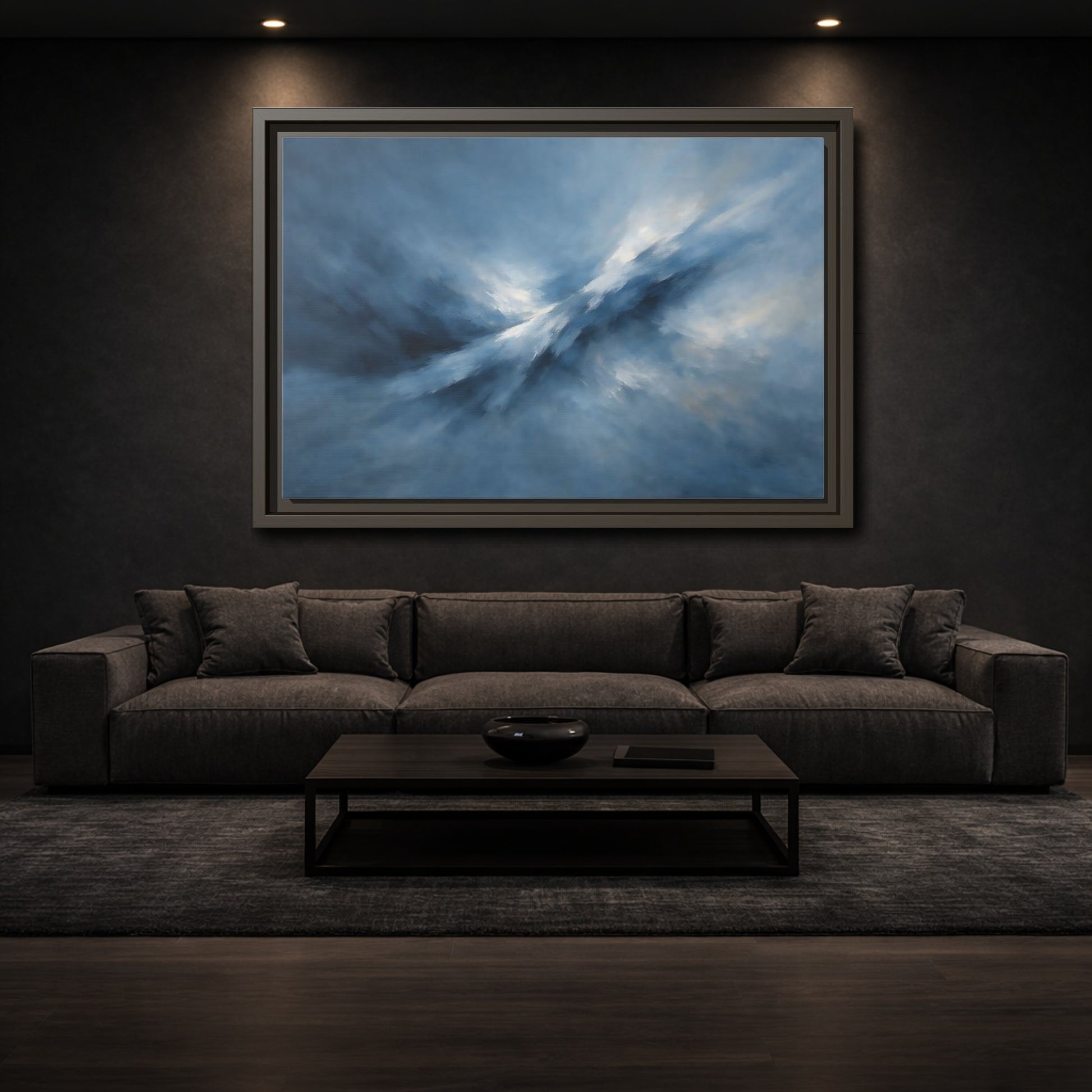 Mockup 2. Abstract Abstract Movement Blue And White shown as stretched canvas wall art