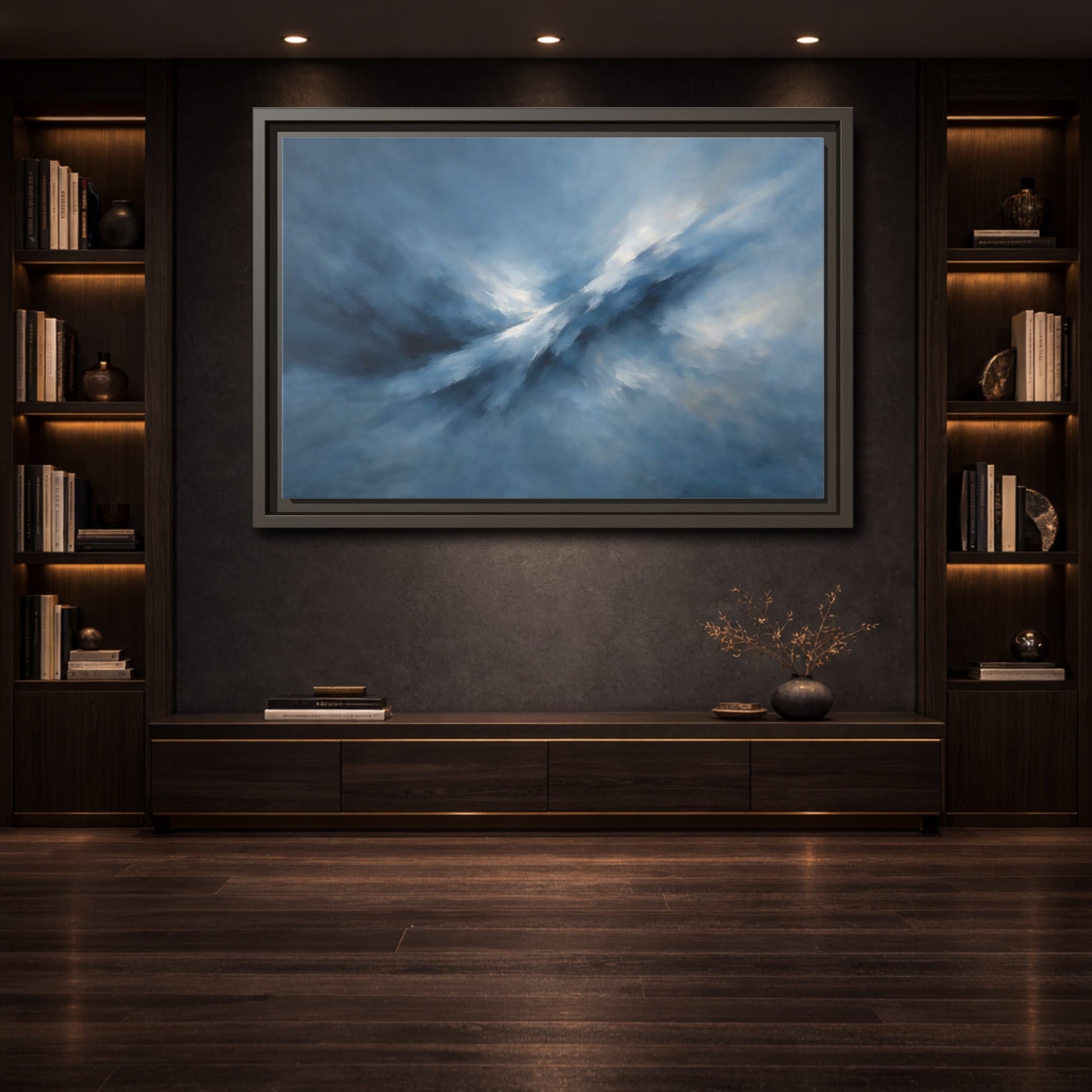 Mockup 3. Abstract Abstract Movement Blue And White shown as stretched canvas wall art