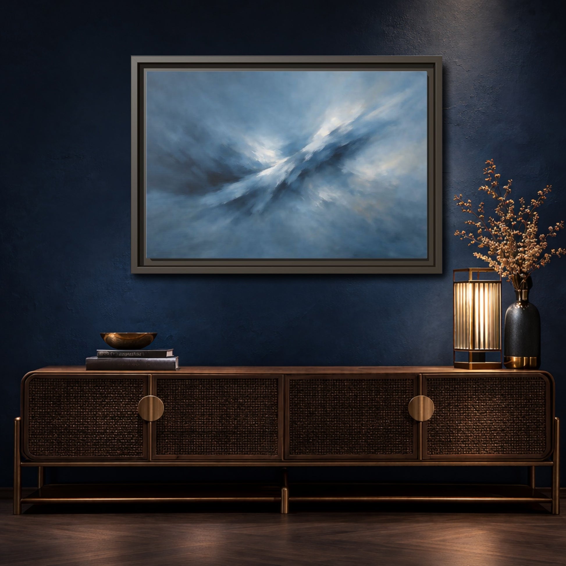 Mockup 4. Abstract Abstract Movement Blue And White shown as stretched canvas wall art
