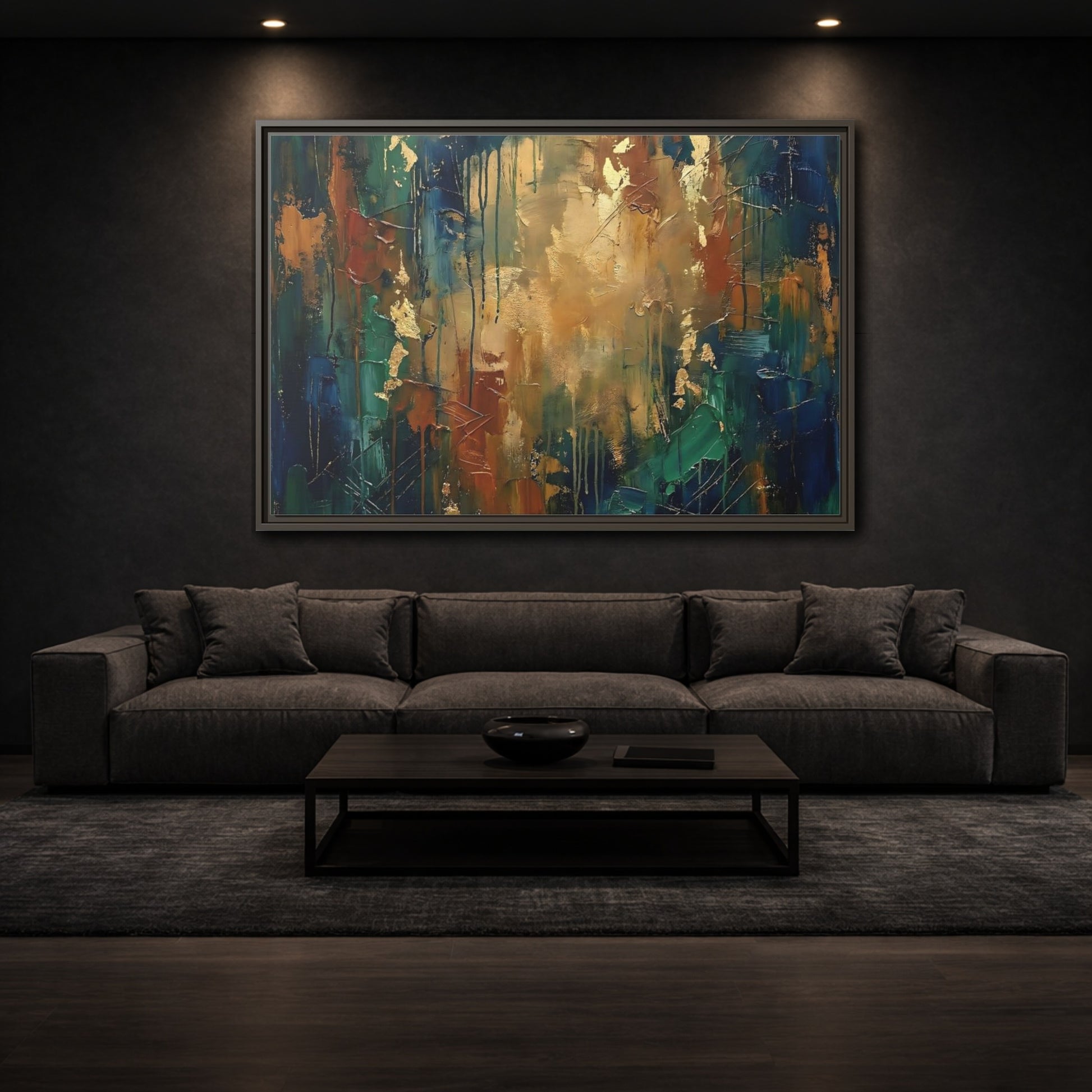 Mockup 2. Abstract Abstract Painting Blue Green Gold Abstract shown as stretched canvas wall art
