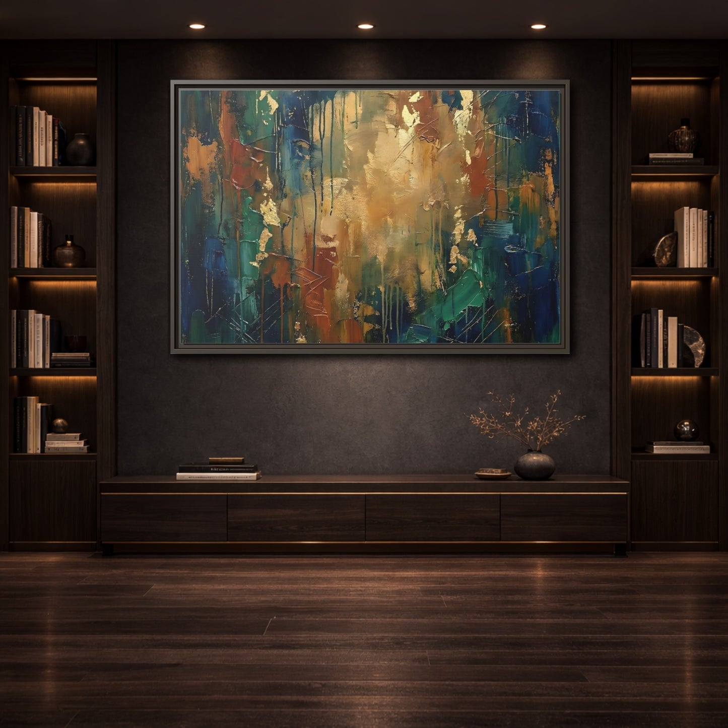 Mockup 3. Abstract Abstract Painting Blue Green Gold Abstract shown as stretched canvas wall art