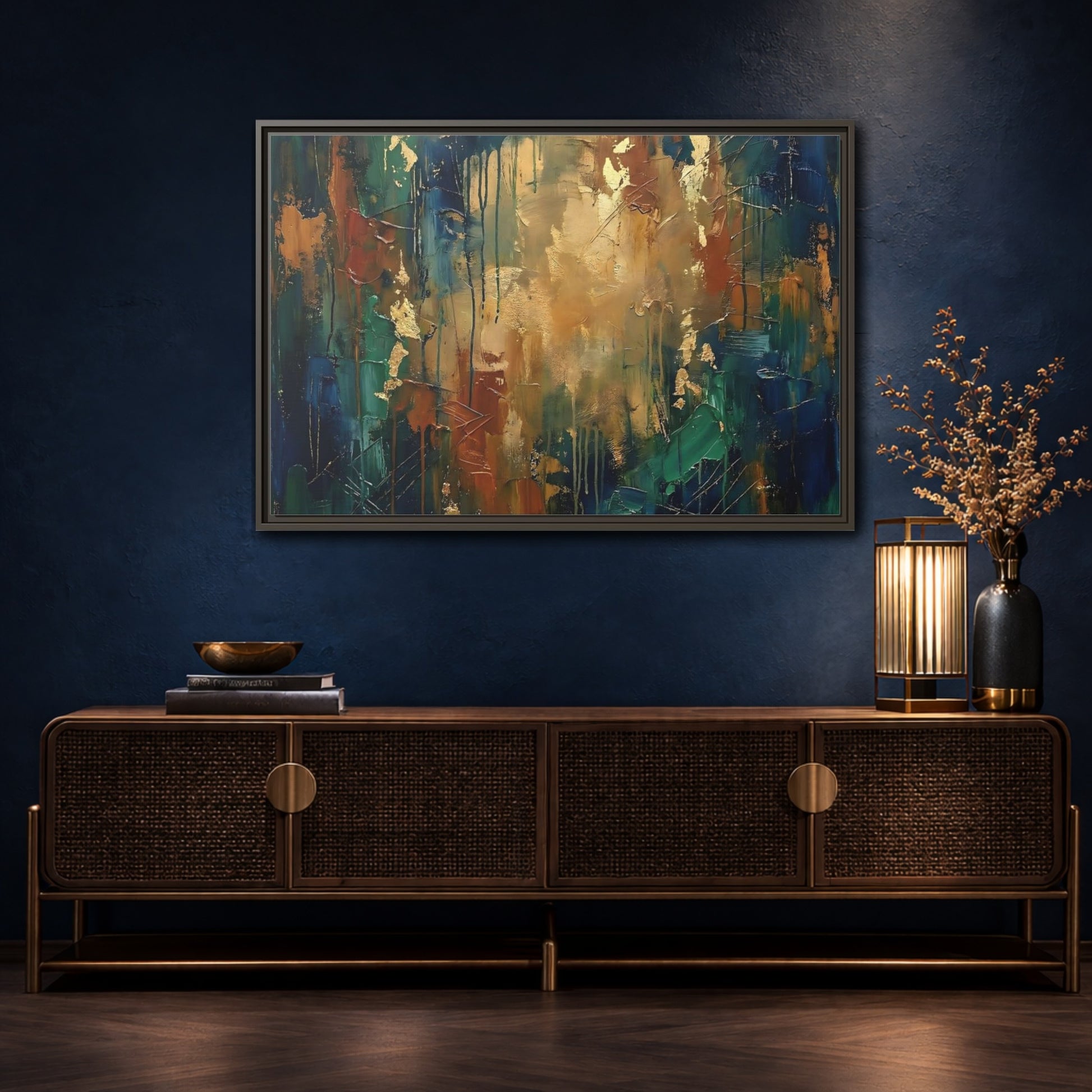 Mockup 4. Abstract Abstract Painting Blue Green Gold Abstract shown as stretched canvas wall art