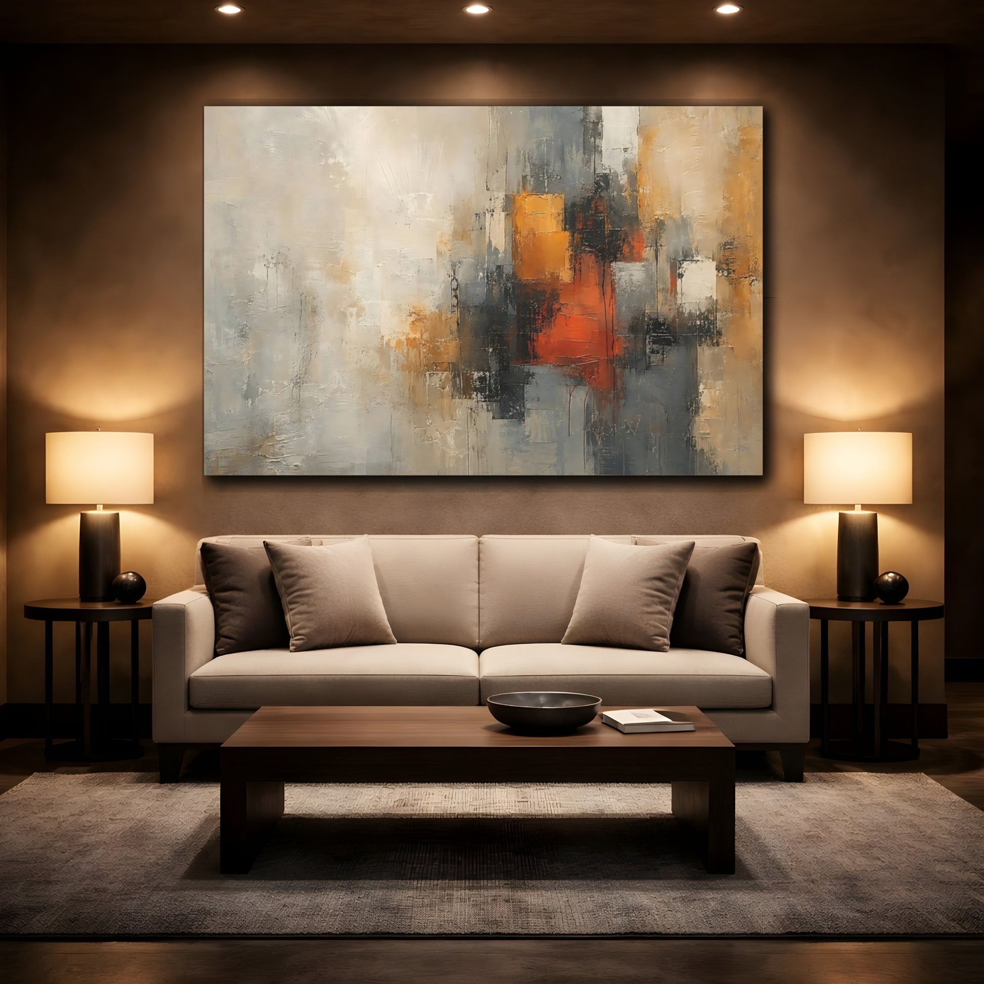 Mockup 2. Abstract Abstract Pattern Abstract Orange Grey shown as stretched canvas wall art