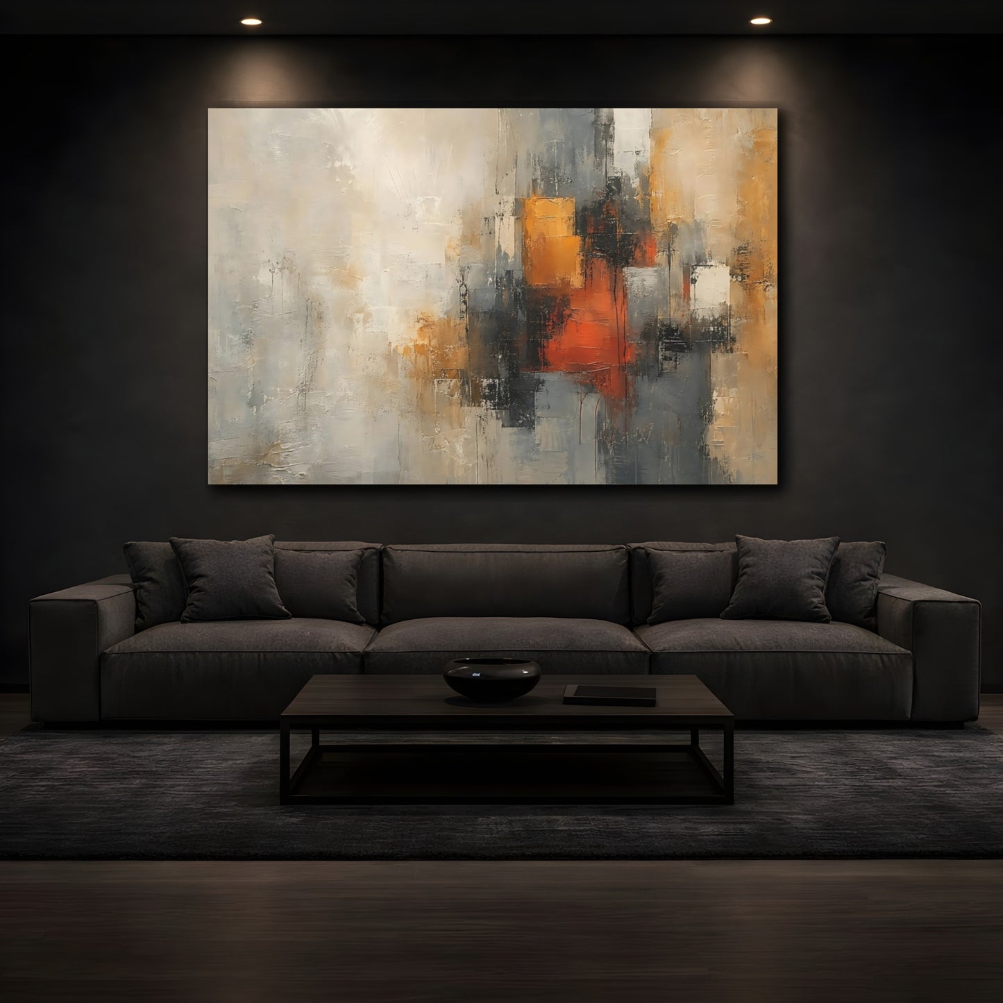 Mockup 3. Abstract Abstract Pattern Abstract Orange Grey shown as stretched canvas wall art