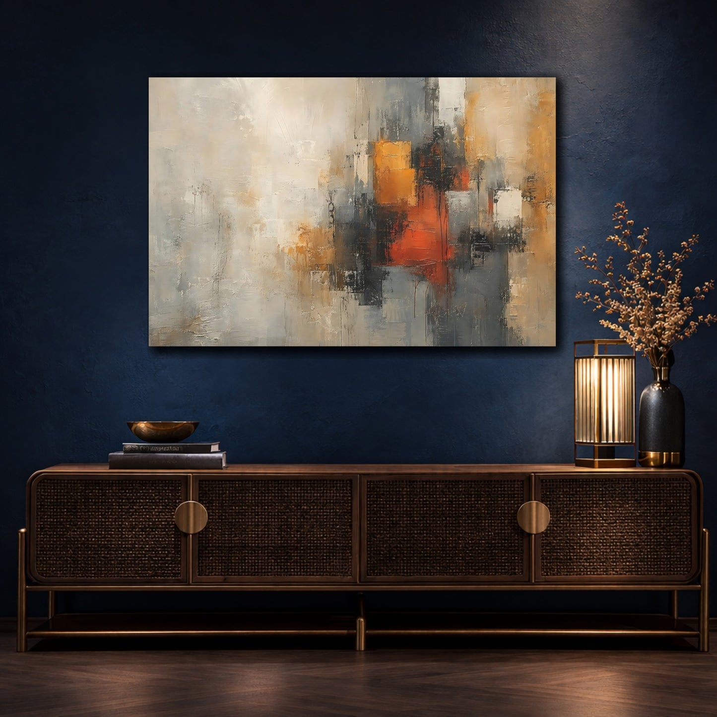 Mockup 4. Abstract Abstract Pattern Abstract Orange Grey shown as stretched canvas wall art