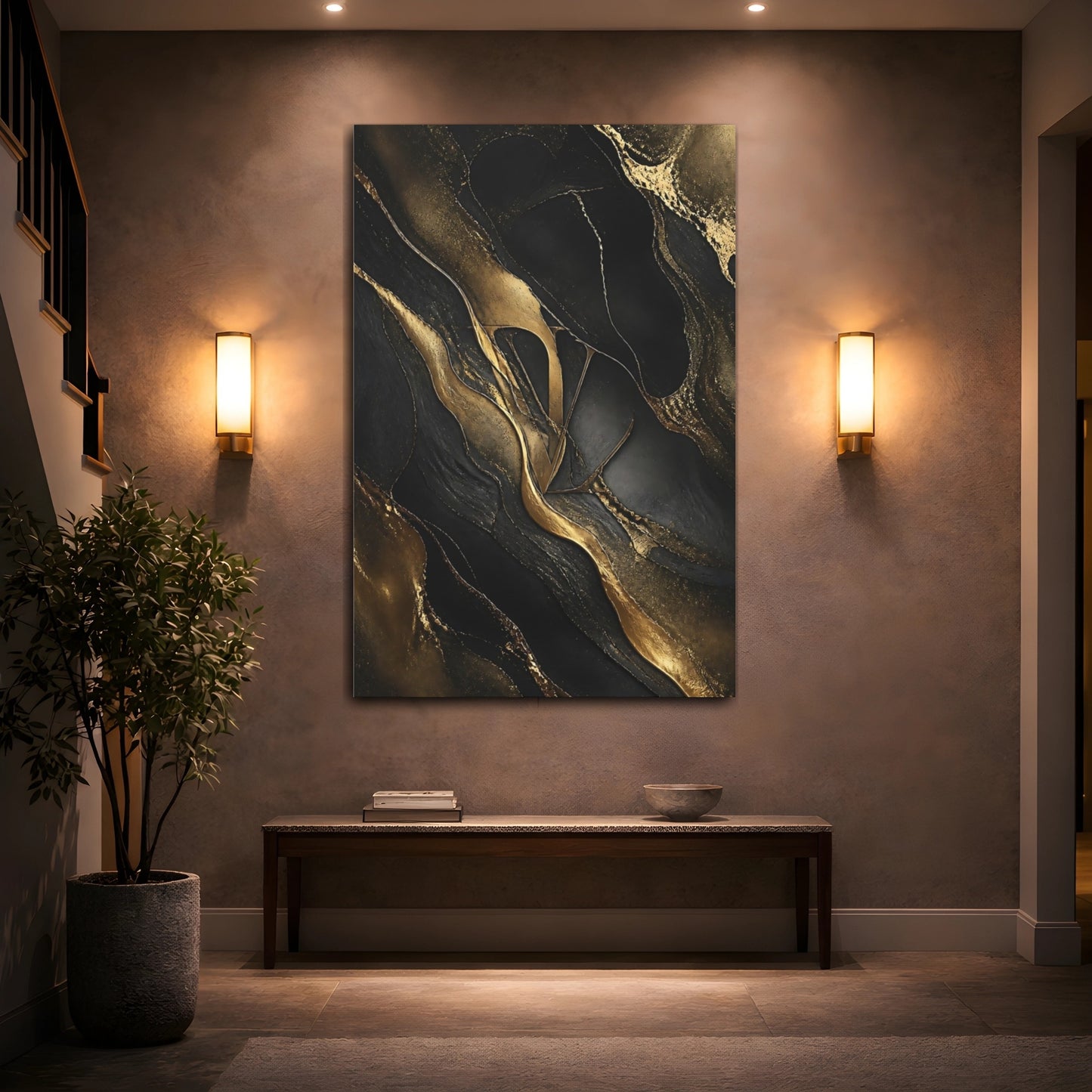 Mockup 2. Abstract Abstract Pattern Black And Gold shown as stretched canvas wall art