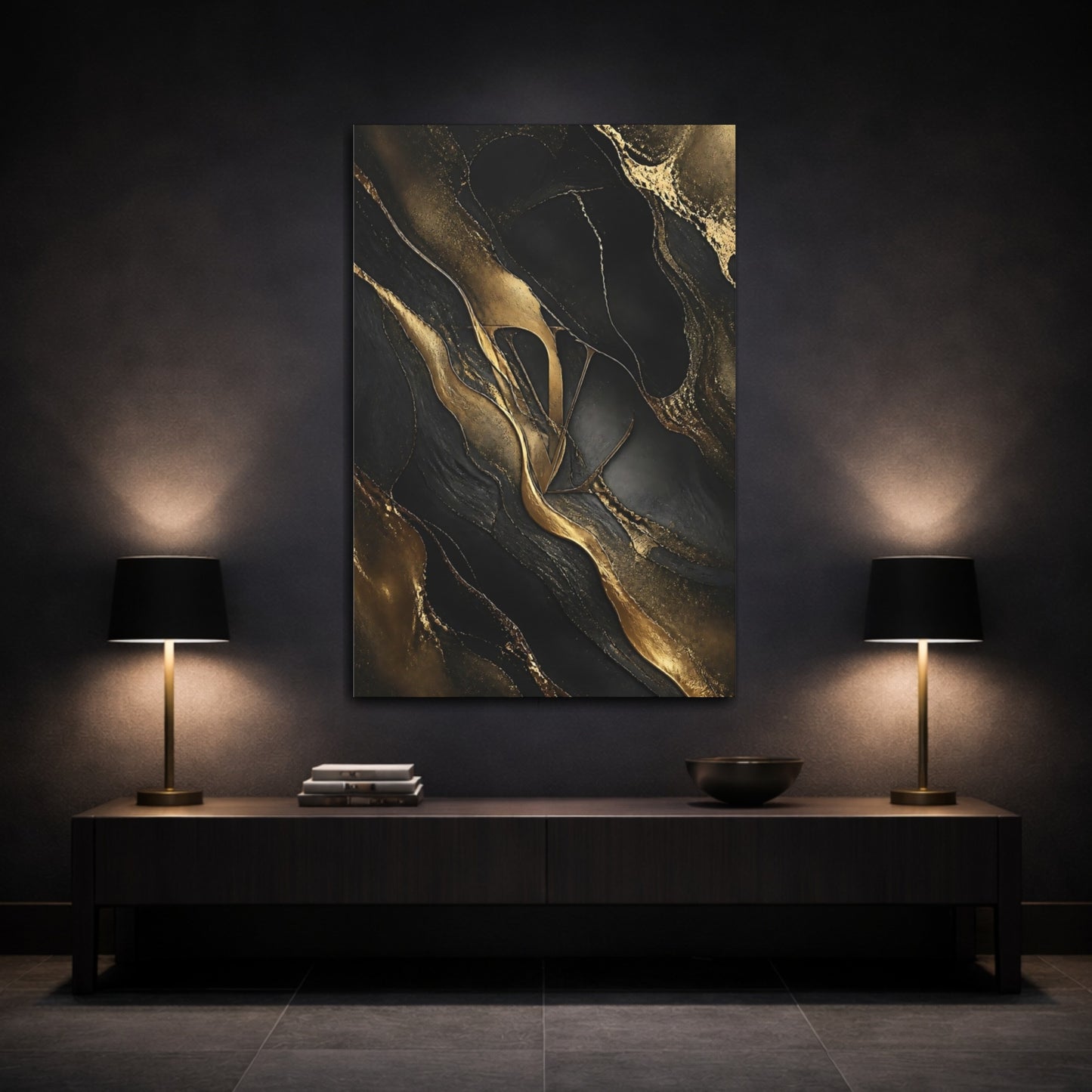 Mockup 3. Abstract Abstract Pattern Black And Gold shown as stretched canvas wall art