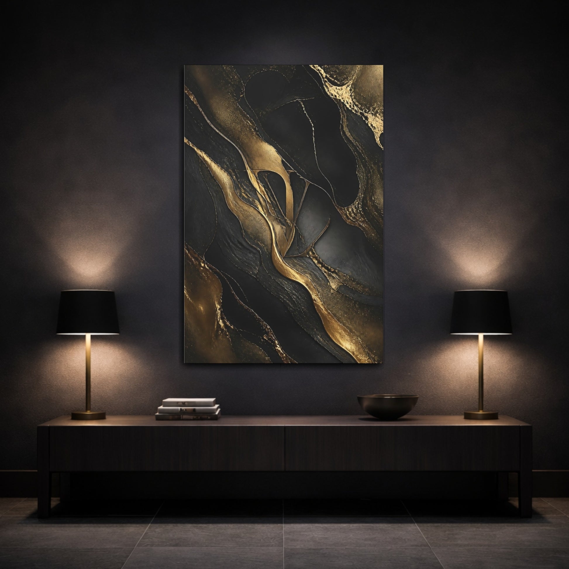 Mockup 3. Abstract Abstract Pattern Black And Gold shown as stretched canvas wall art
