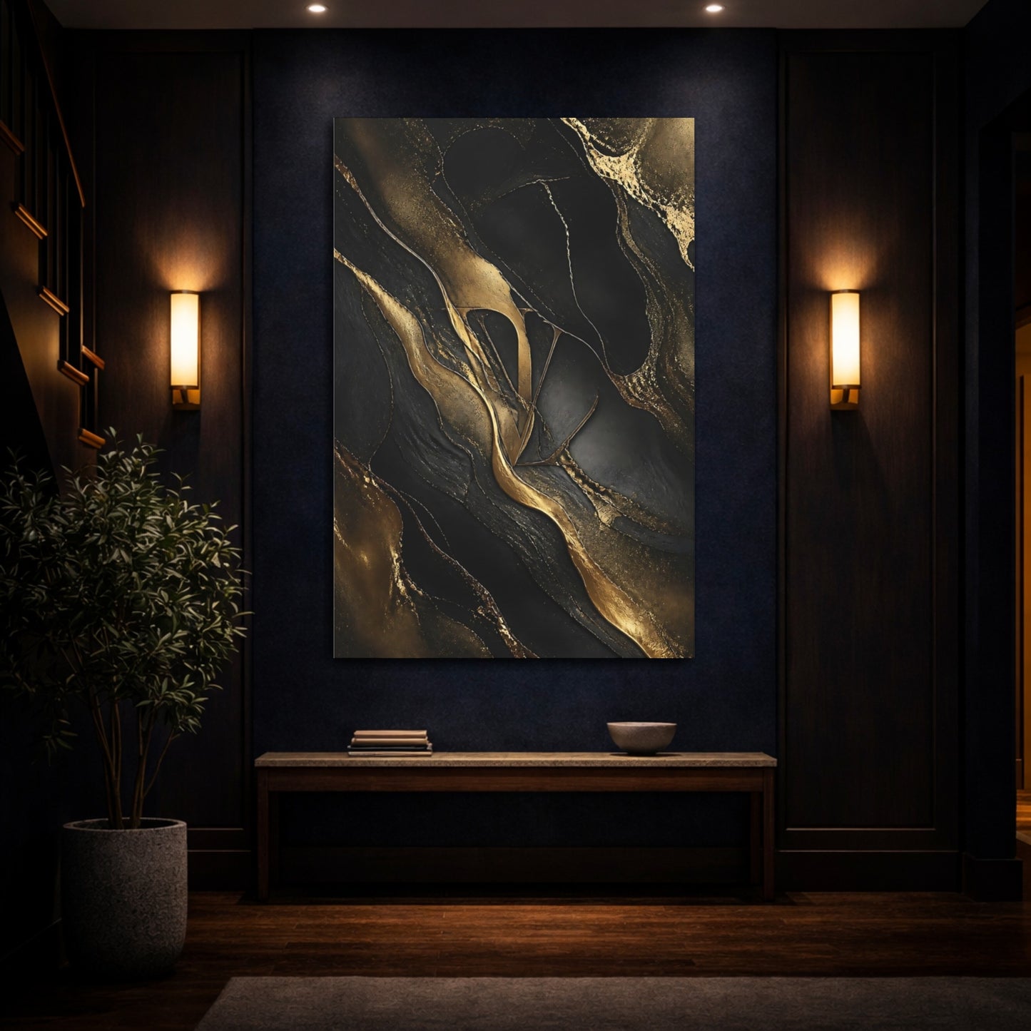 Mockup 4. Abstract Abstract Pattern Black And Gold shown as stretched canvas wall art