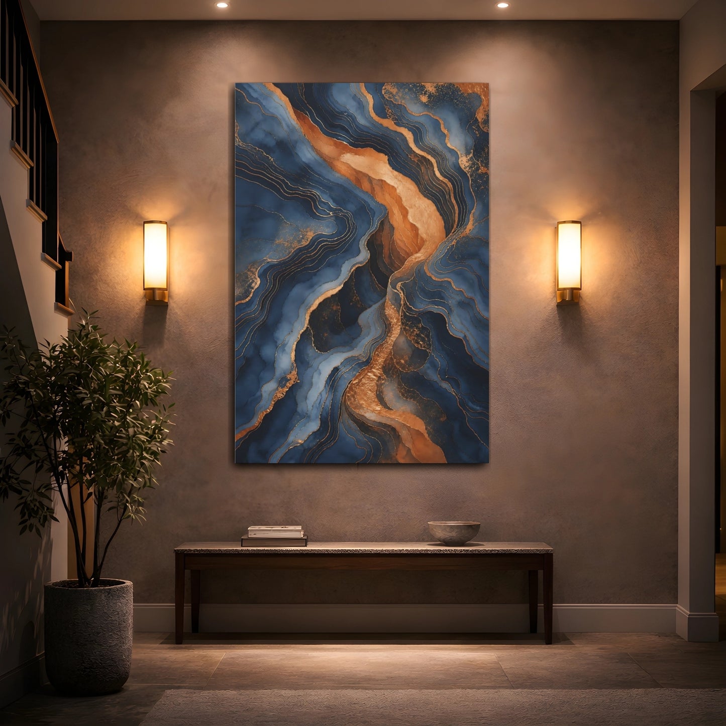 Mockup 2. Abstract Abstract Pattern Blue And Gold Abstract shown as stretched canvas wall art