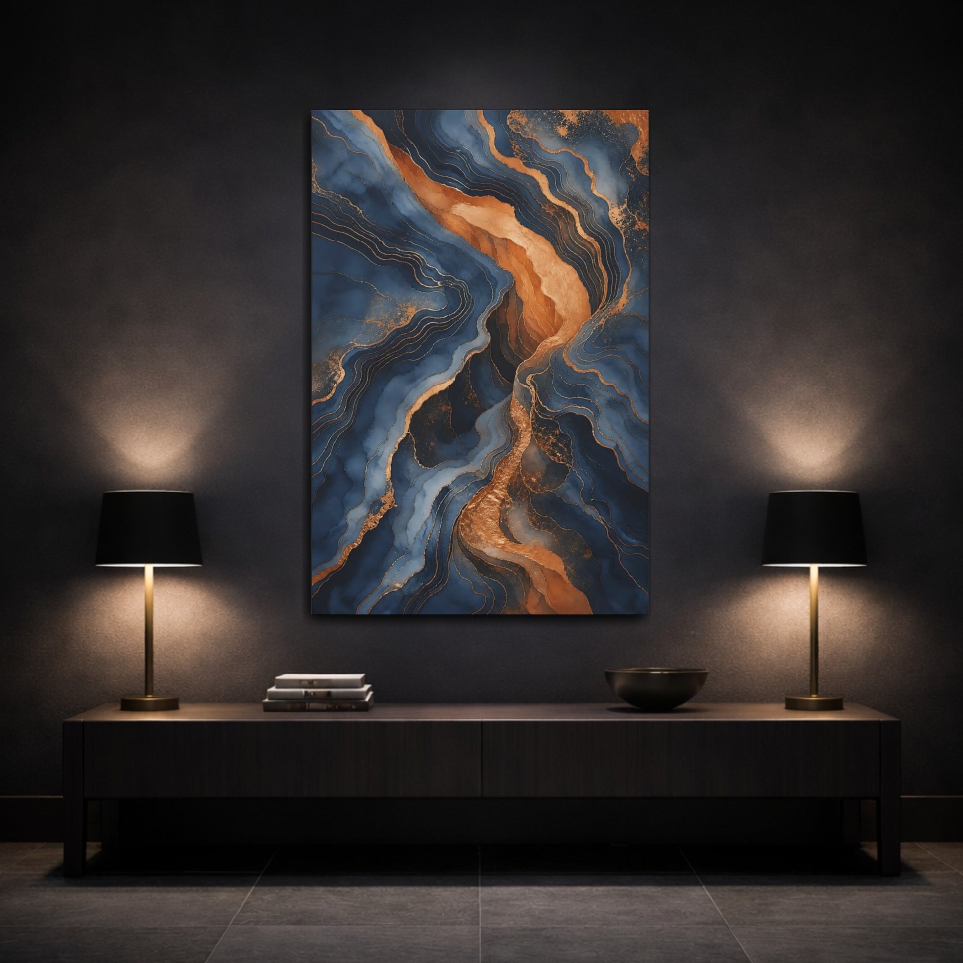 Mockup 3. Abstract Abstract Pattern Blue And Gold Abstract shown as stretched canvas wall art
