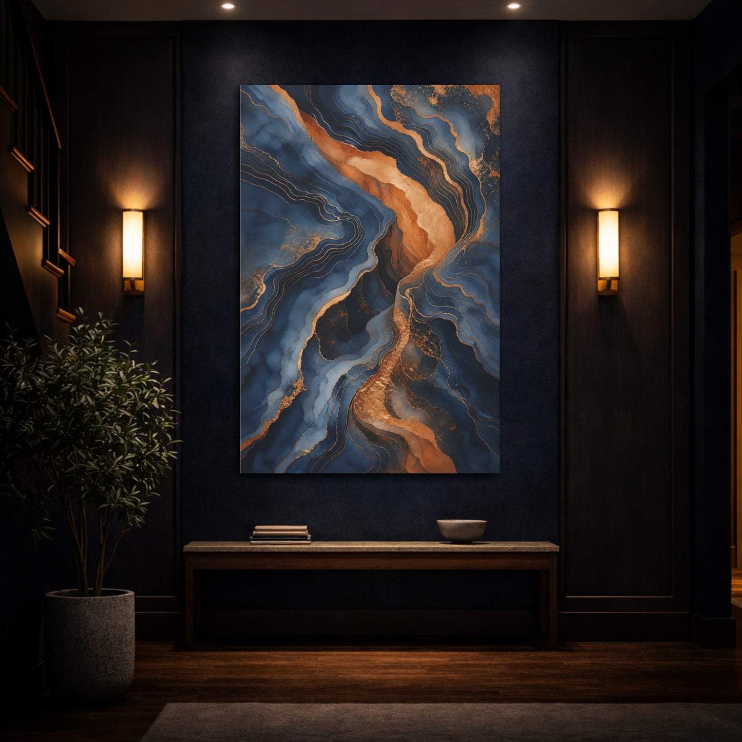 Mockup 4. Abstract Abstract Pattern Blue And Gold Abstract shown as stretched canvas wall art