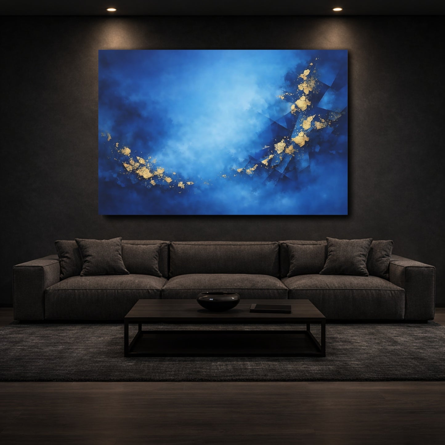Mockup 2. Abstract Abstract Pattern Blue And Gold shown as stretched canvas wall art