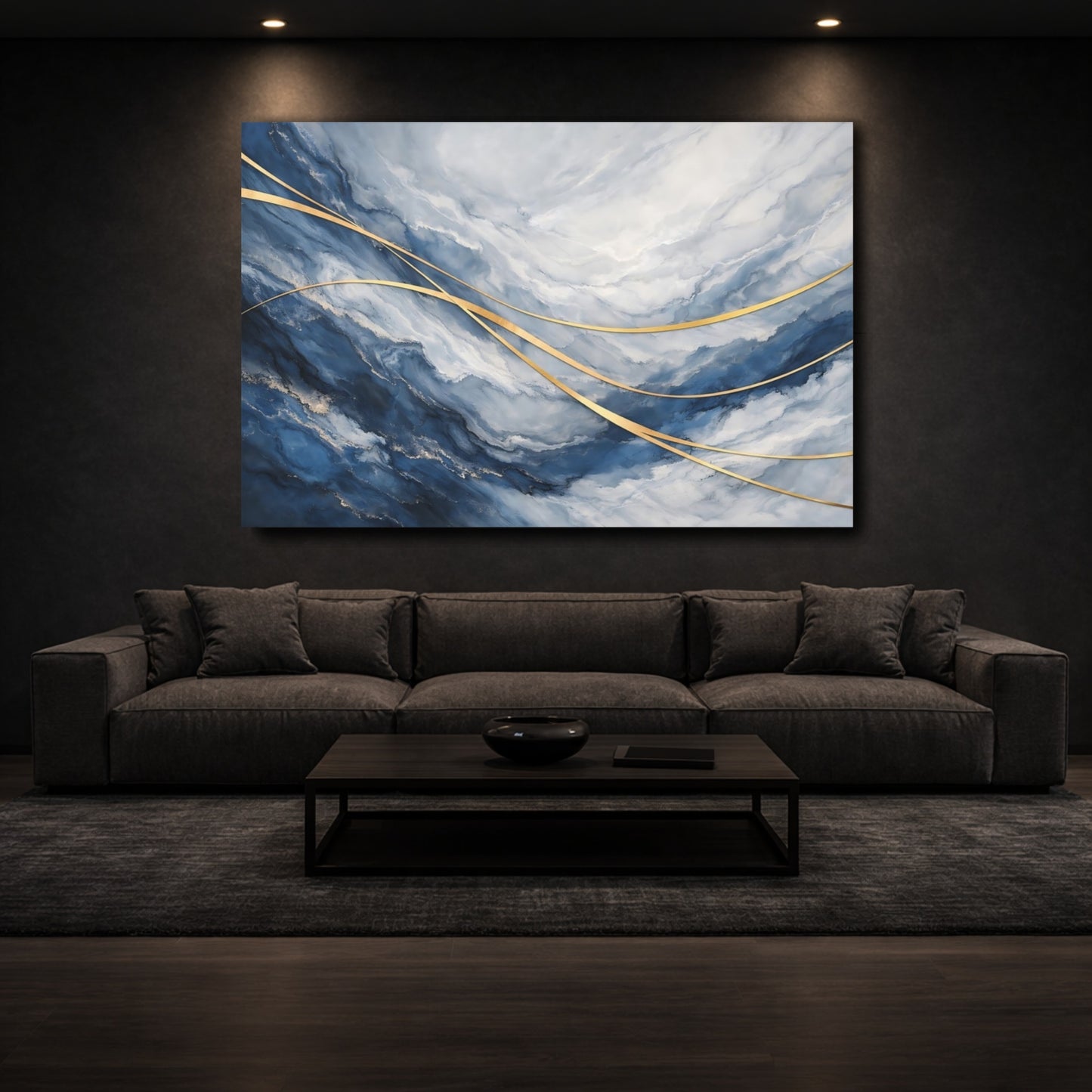Mockup 2. Abstract Abstract Pattern Blue And Gold shown as stretched canvas wall art