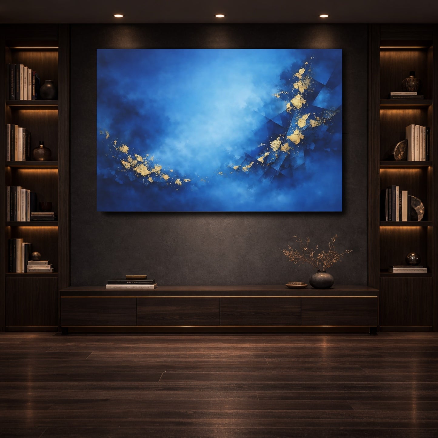 Mockup 3. Abstract Abstract Pattern Blue And Gold shown as stretched canvas wall art