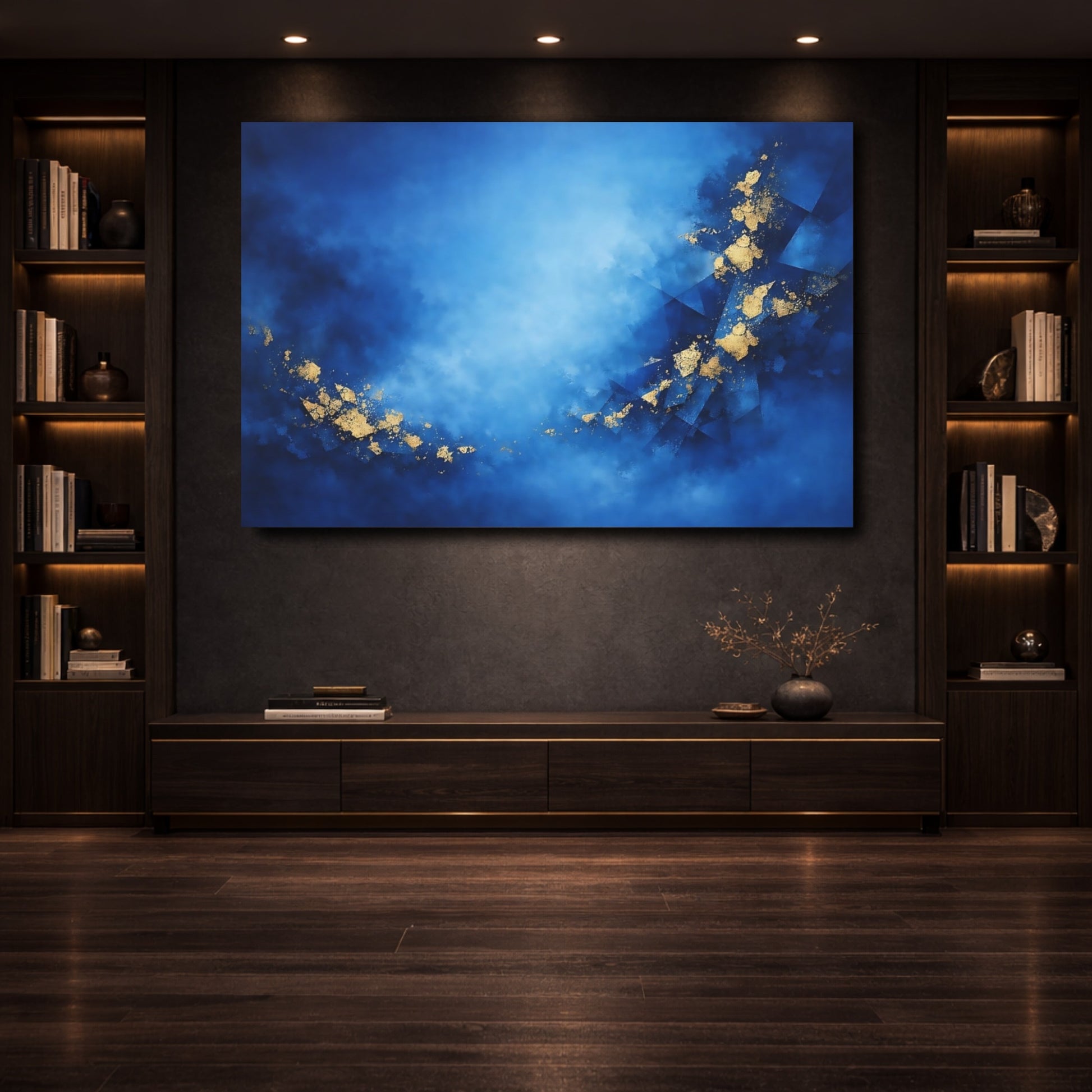 Mockup 3. Abstract Abstract Pattern Blue And Gold shown as stretched canvas wall art