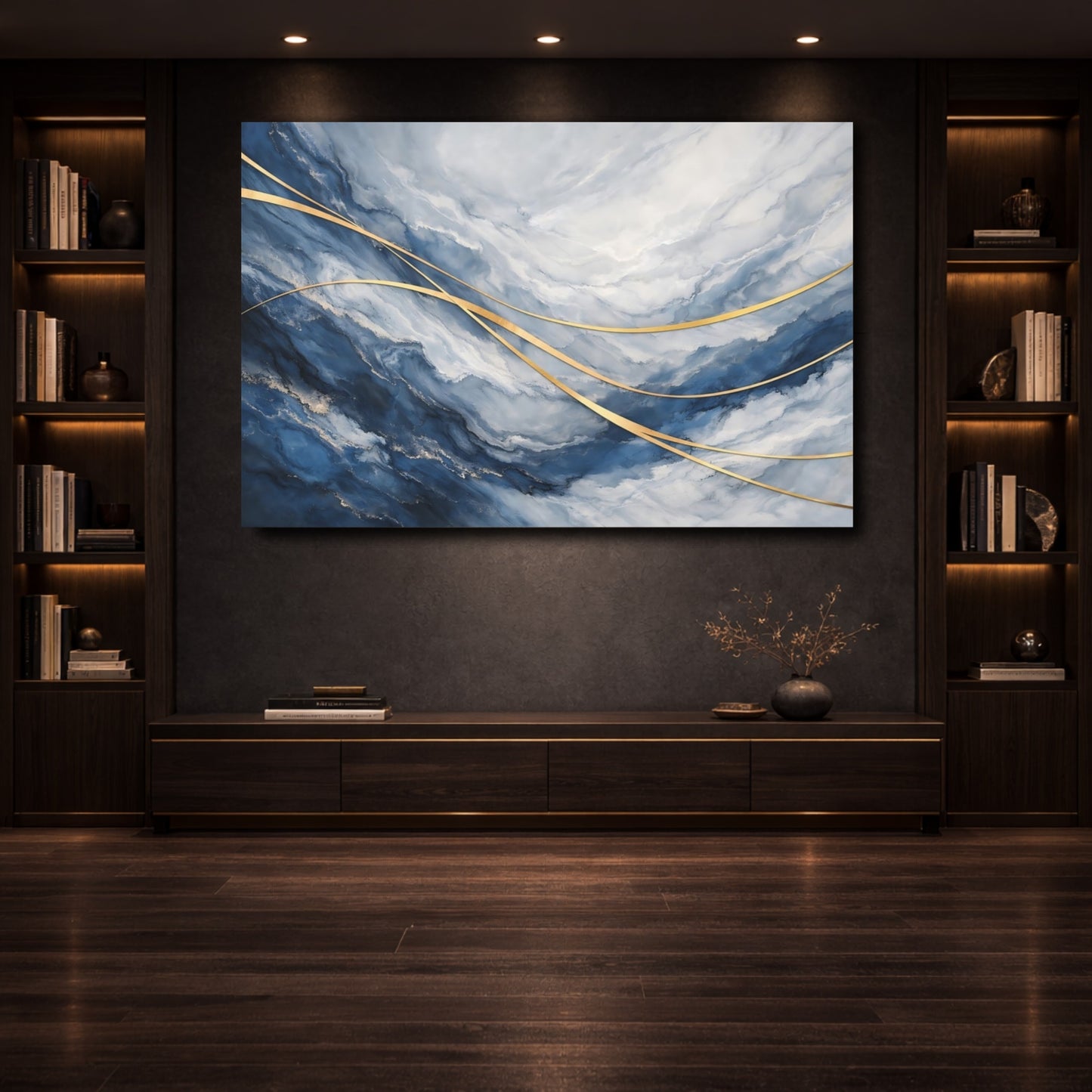 Mockup 3. Abstract Abstract Pattern Blue And Gold shown as stretched canvas wall art