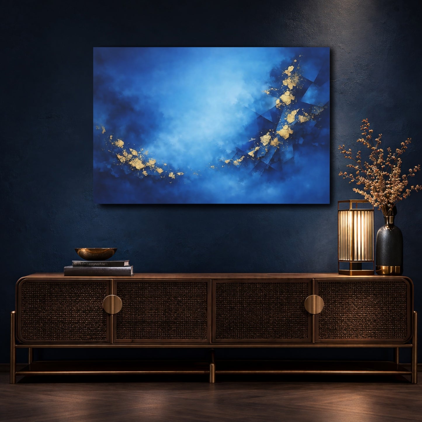 Mockup 4. Abstract Abstract Pattern Blue And Gold shown as stretched canvas wall art