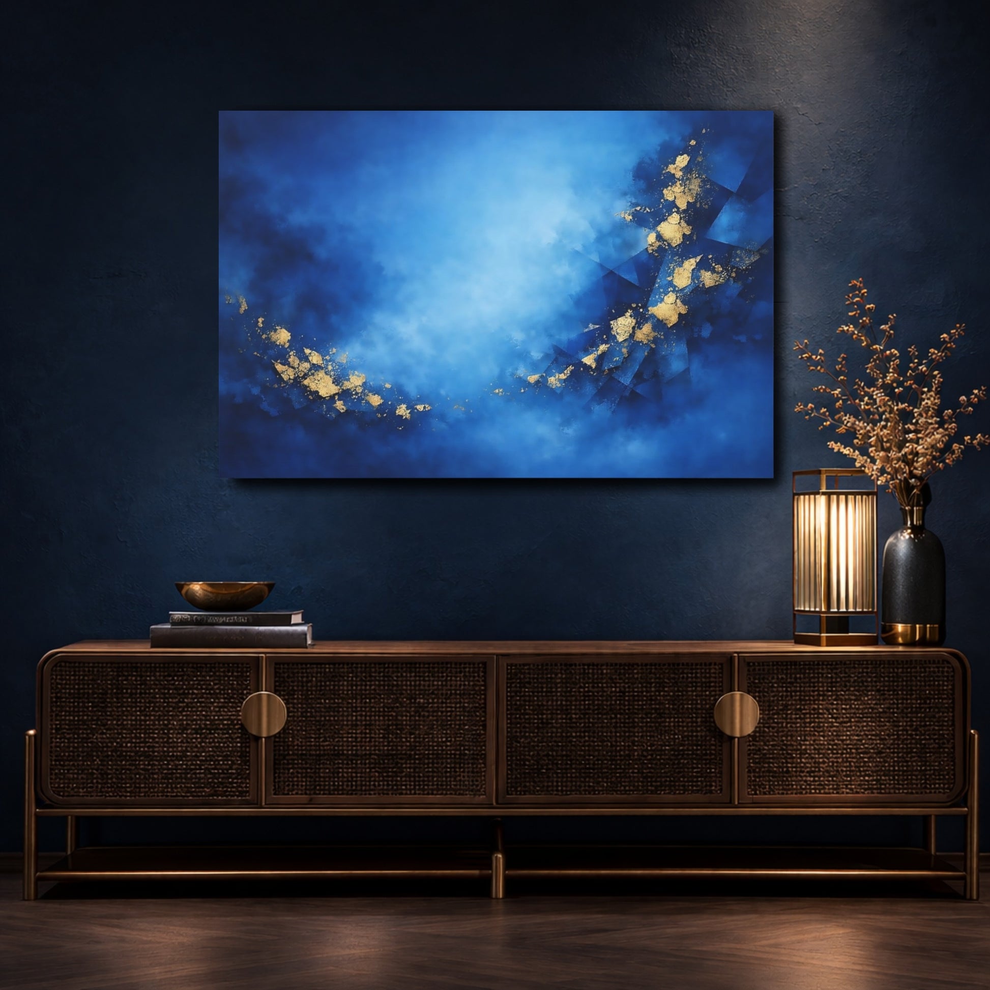 Mockup 4. Abstract Abstract Pattern Blue And Gold shown as stretched canvas wall art