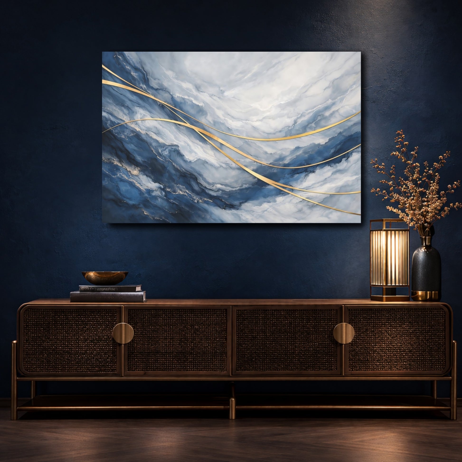 Mockup 4. Abstract Abstract Pattern Blue And Gold shown as stretched canvas wall art