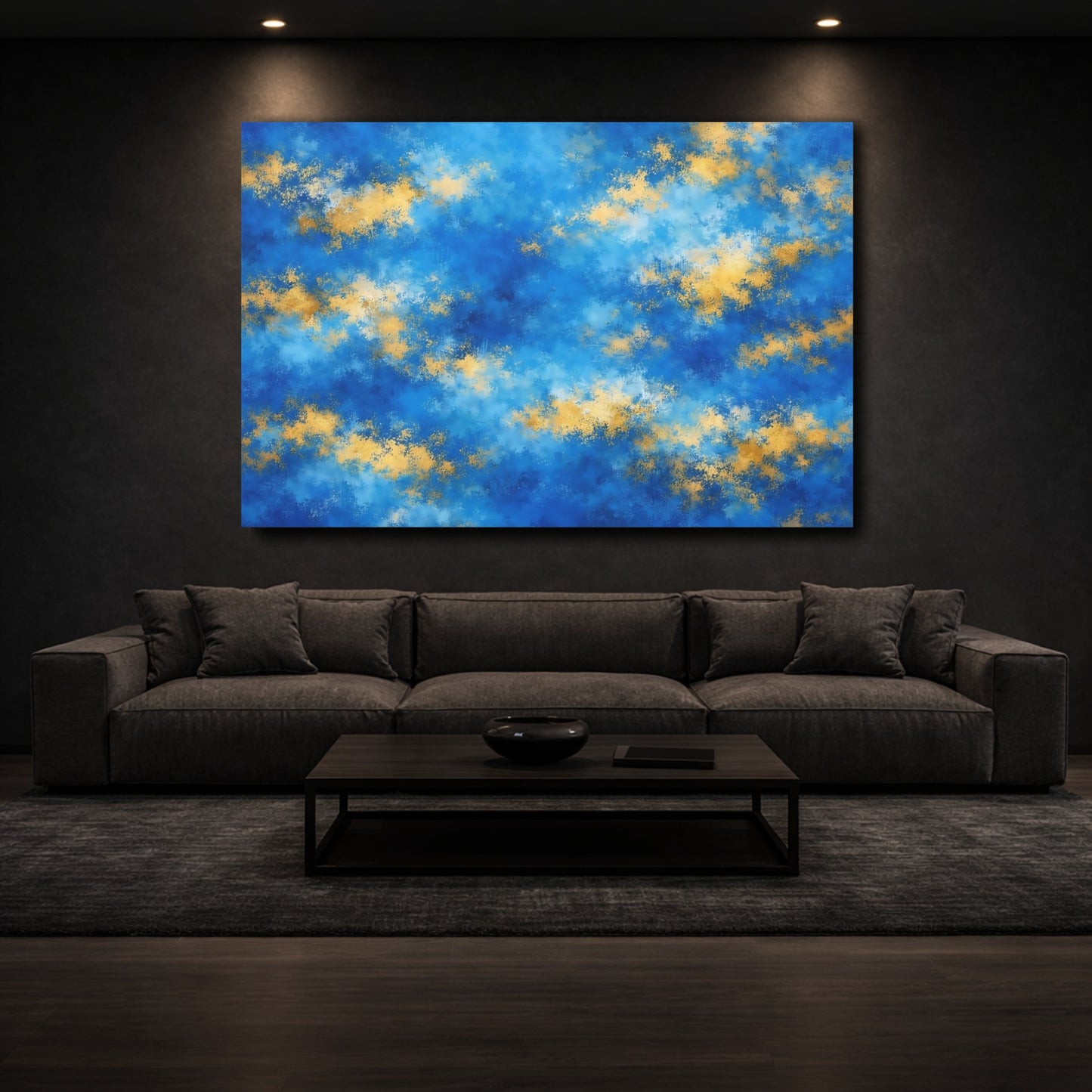 Mockup 2. Abstract Abstract Pattern Blue Gold Abstract shown as stretched canvas wall art