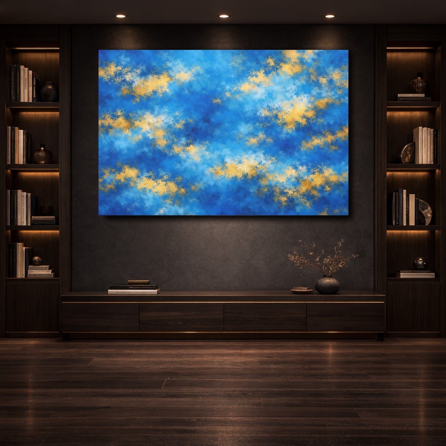 Mockup 3. Abstract Abstract Pattern Blue Gold Abstract shown as stretched canvas wall art