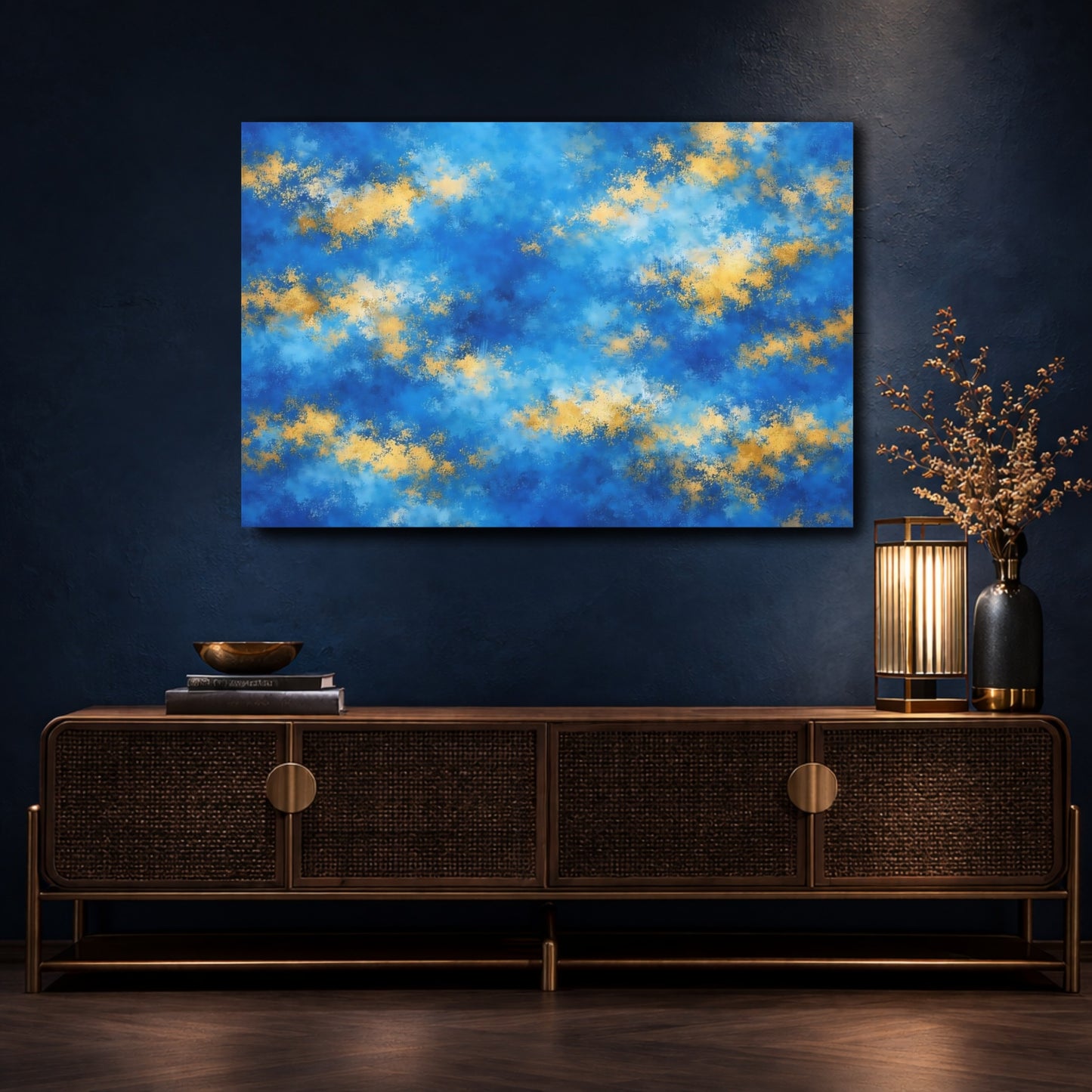 Mockup 4. Abstract Abstract Pattern Blue Gold Abstract shown as stretched canvas wall art