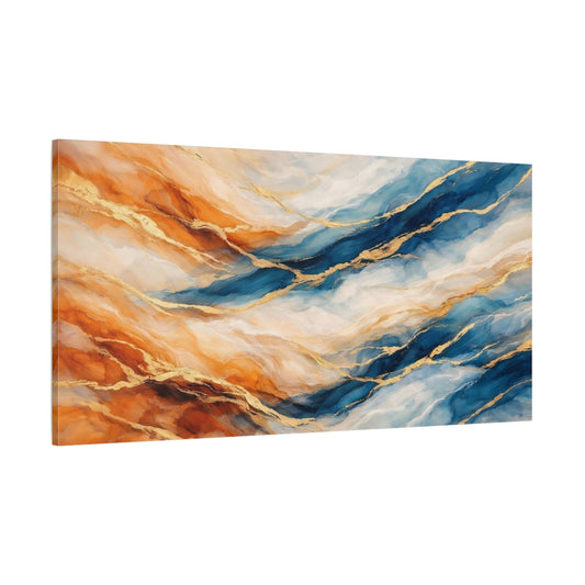 Main Mockup. Abstract Abstract Pattern Blue Orange Gold shown as stretched canvas wall art