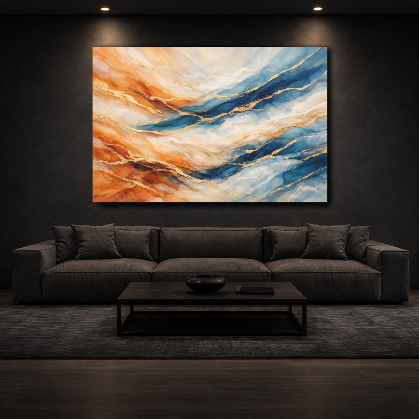Mockup 2. Abstract Abstract Pattern Blue Orange Gold shown as stretched canvas wall art