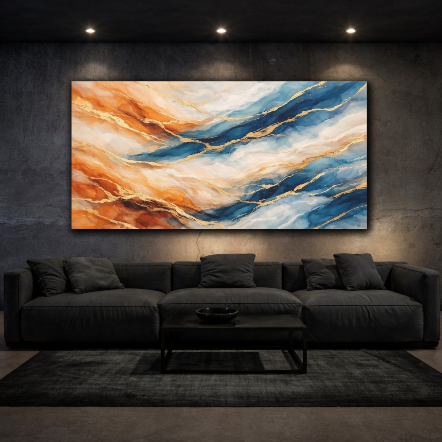 Mockup 2. Abstract Abstract Pattern Blue Orange Gold shown as stretched canvas wall art