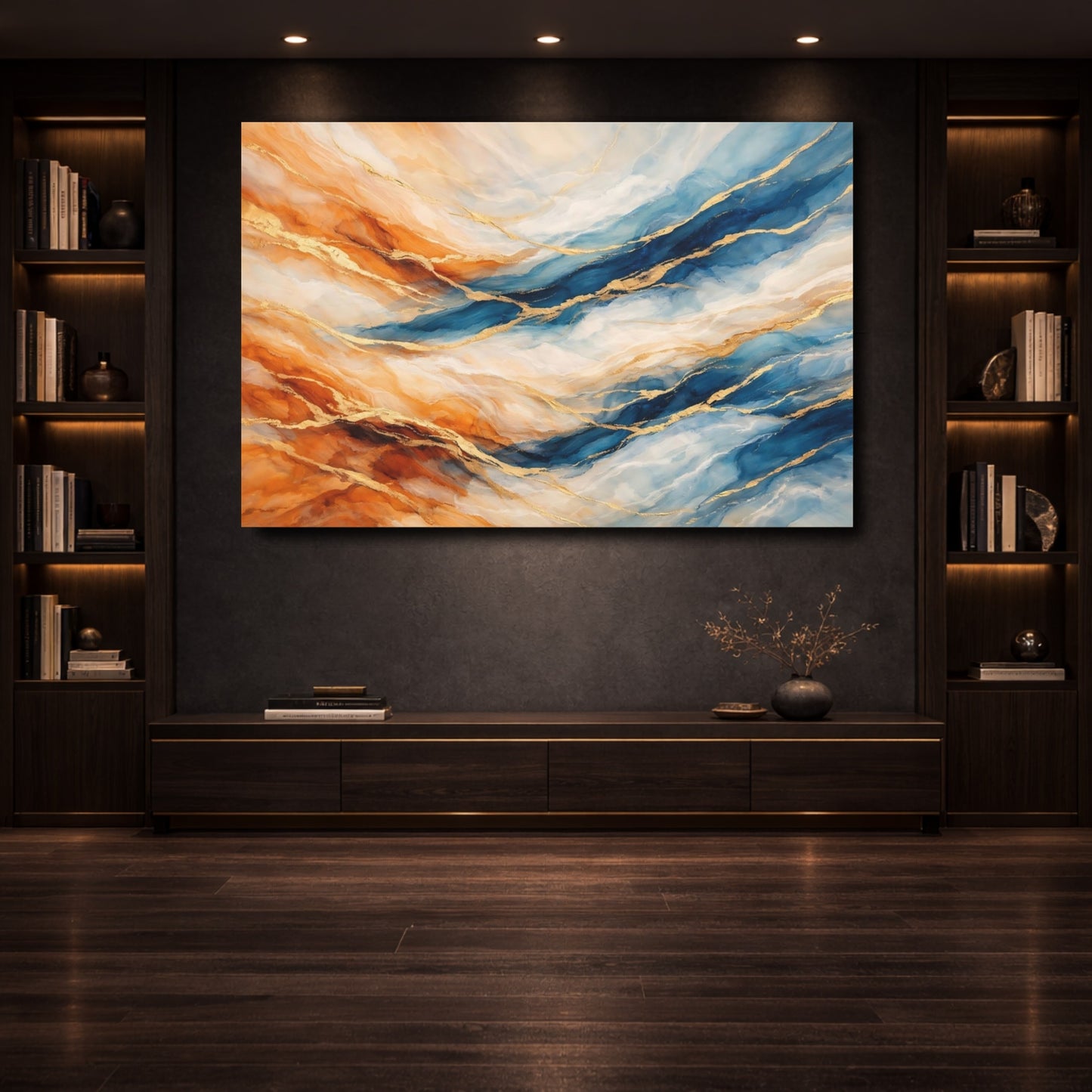 Mockup 3. Abstract Abstract Pattern Blue Orange Gold shown as stretched canvas wall art