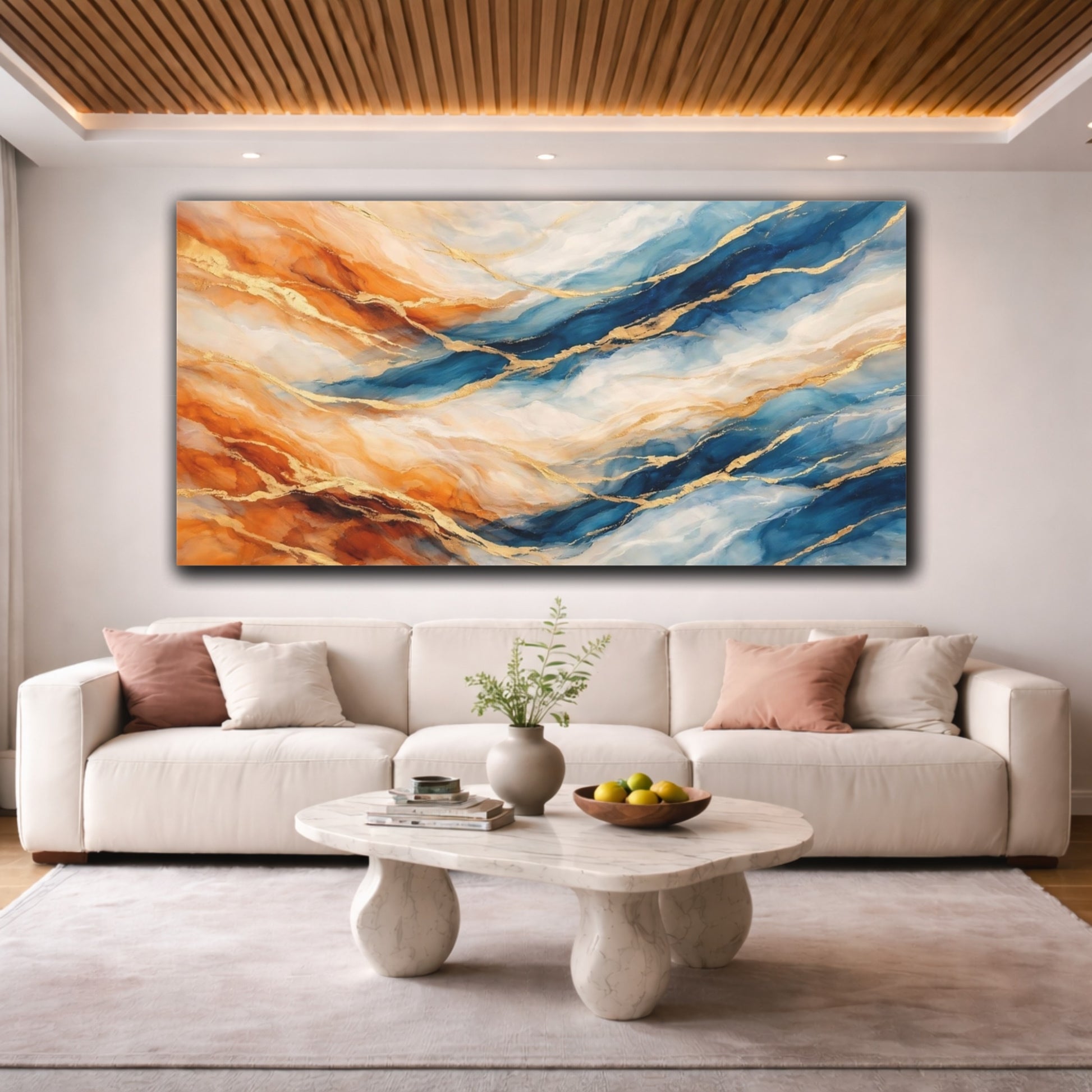 Mockup 3. Abstract Abstract Pattern Blue Orange Gold shown as stretched canvas wall art
