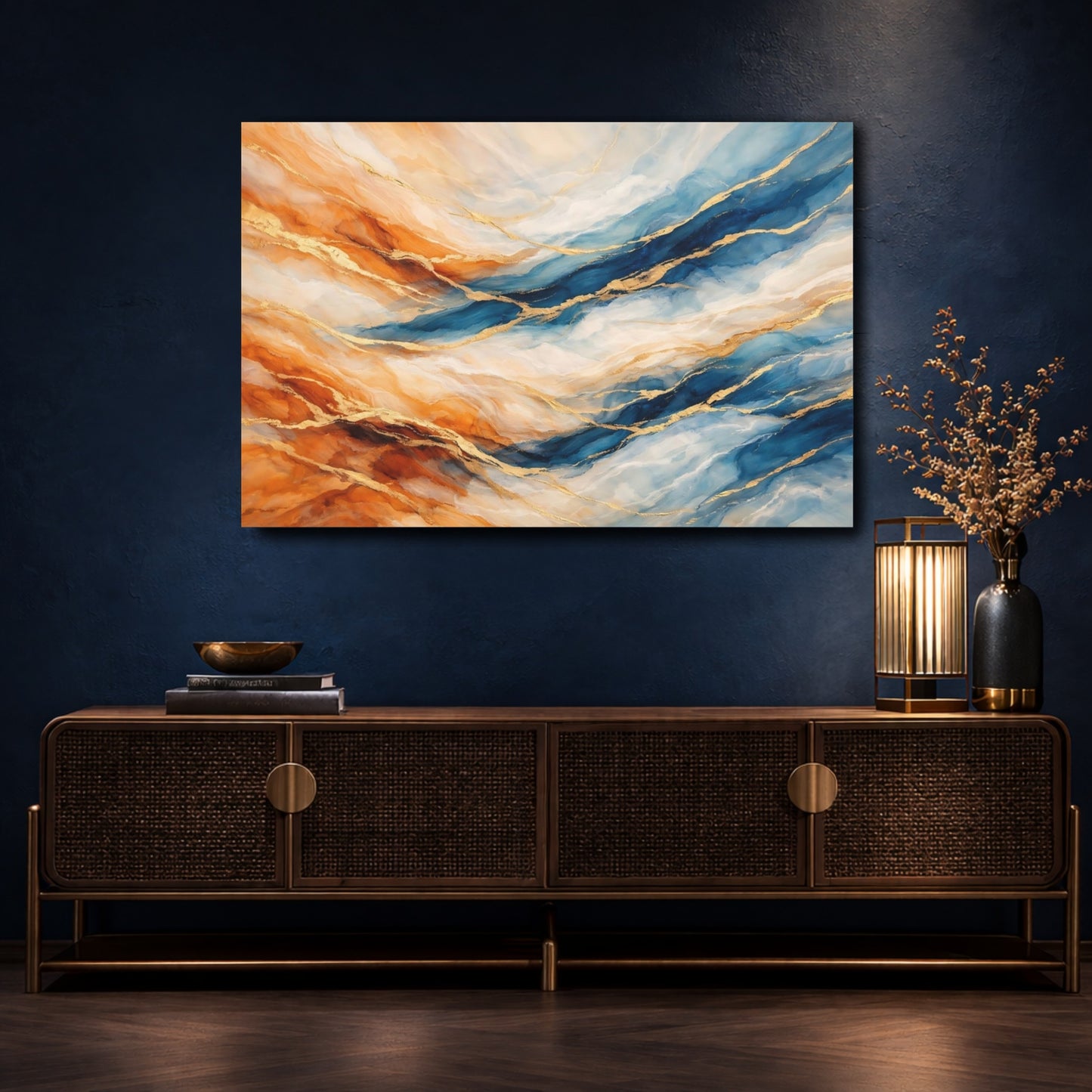 Mockup 4. Abstract Abstract Pattern Blue Orange Gold shown as stretched canvas wall art