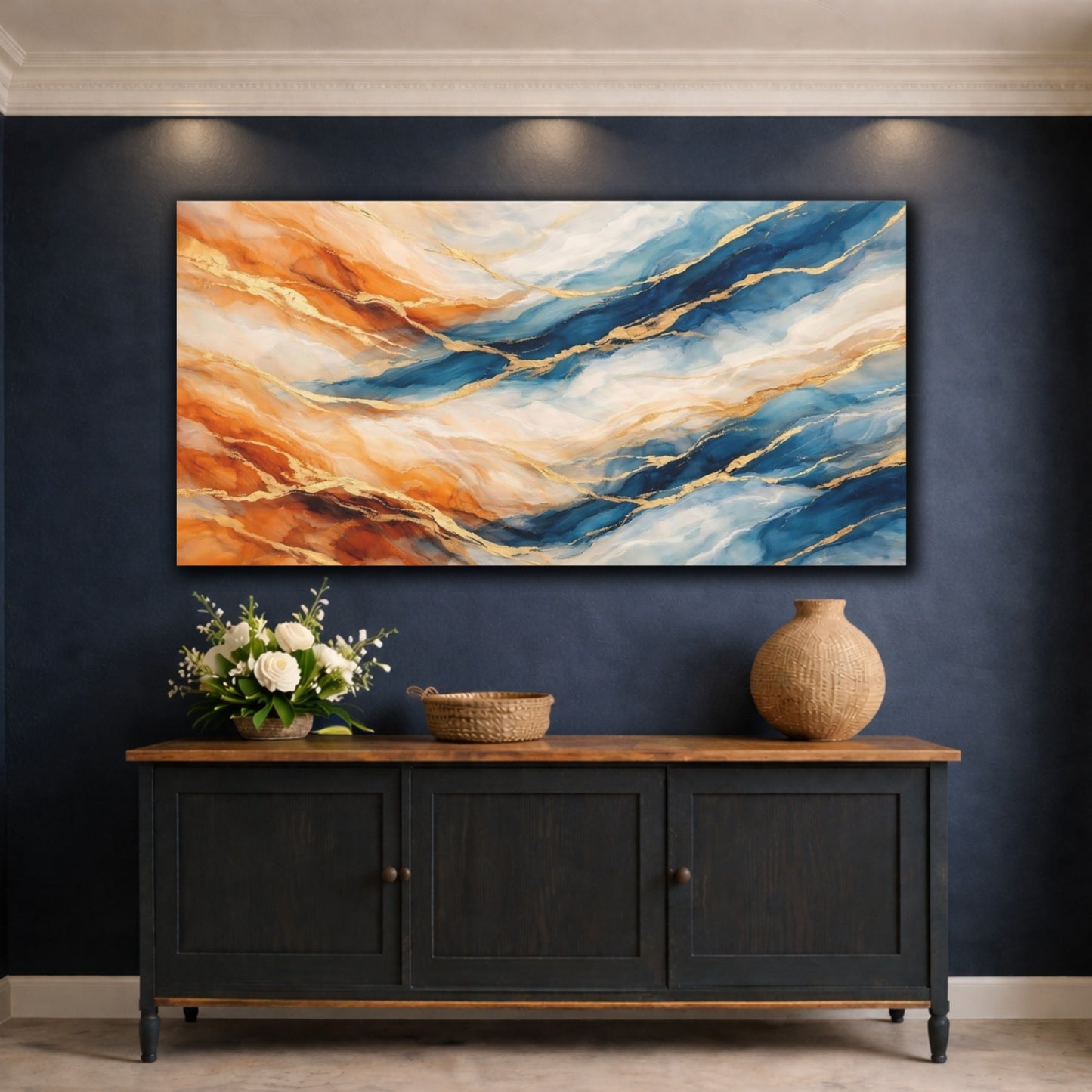 Mockup 4. Abstract Abstract Pattern Blue Orange Gold shown as stretched canvas wall art