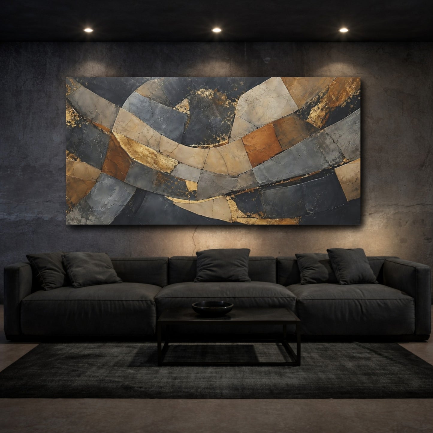 Mockup 2. Abstract Abstract Pattern Gold And Black Abstract shown as stretched canvas wall art