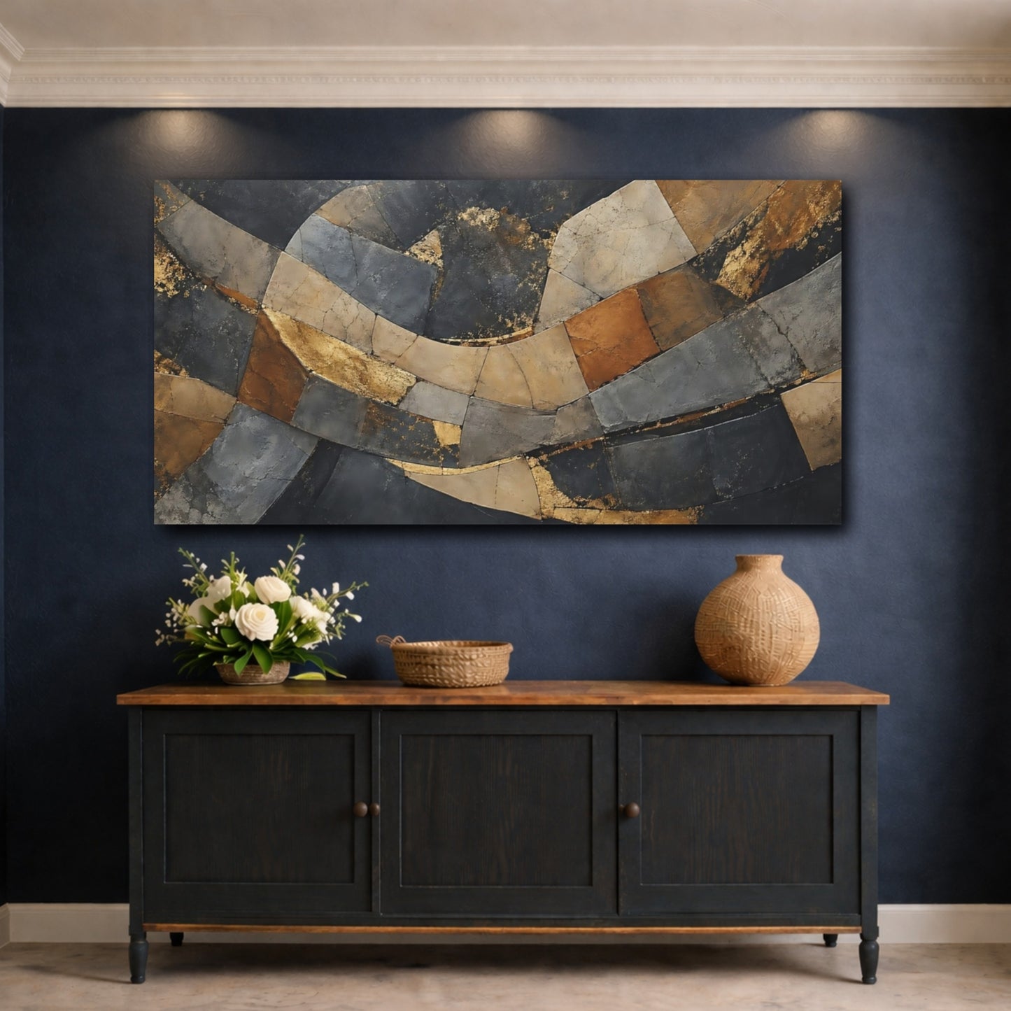 Mockup 4. Abstract Abstract Pattern Gold And Black Abstract shown as stretched canvas wall art