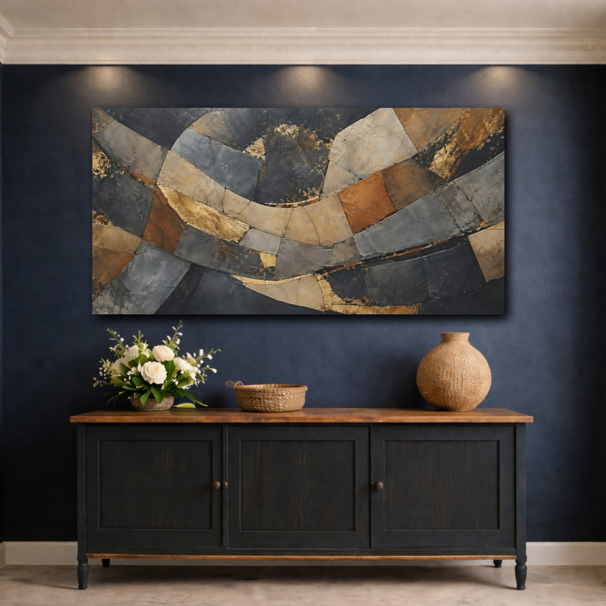 Mockup 4. Abstract Abstract Pattern Gold And Black Abstract shown as stretched canvas wall art