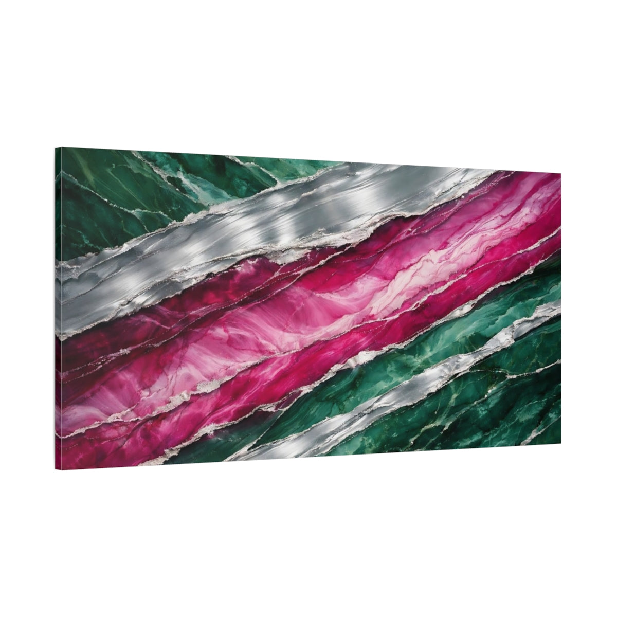 Main Mockup. Abstract Abstract Pattern Green Pink Silver shown as stretched canvas wall art