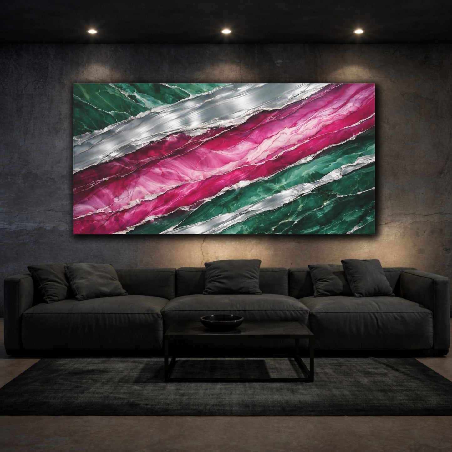 Mockup 2. Abstract Abstract Pattern Green Pink Silver shown as stretched canvas wall art