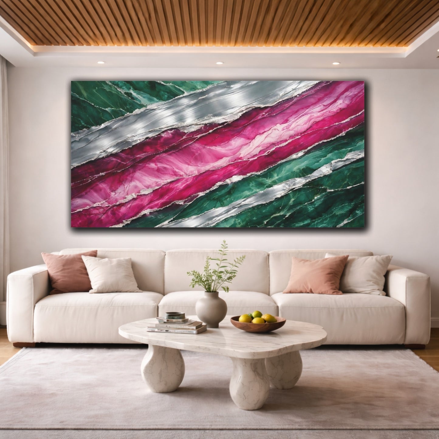 Mockup 3. Abstract Abstract Pattern Green Pink Silver shown as stretched canvas wall art